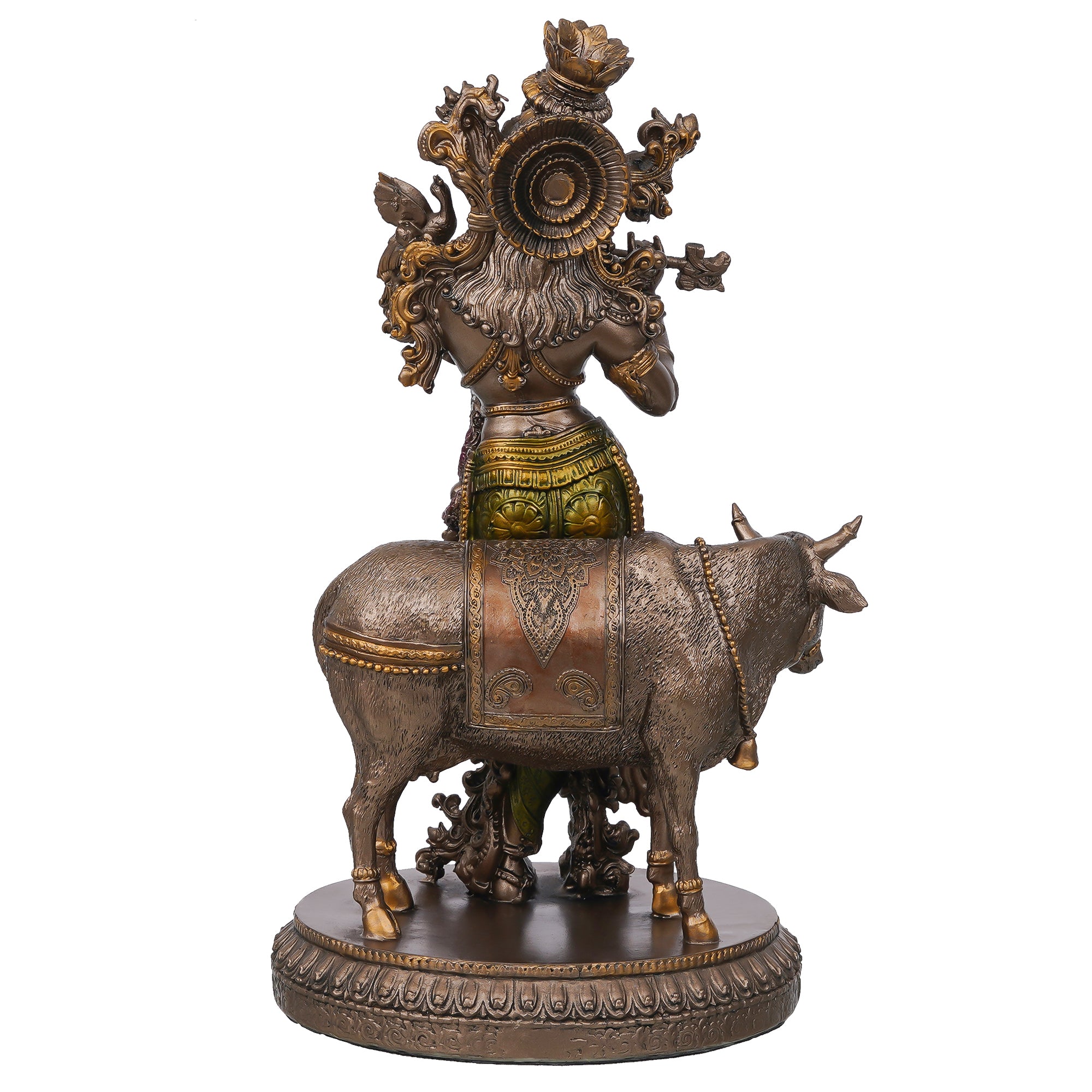 Cold Cast Bronze Resin Krishna Playing Flute With Cow Statue 3