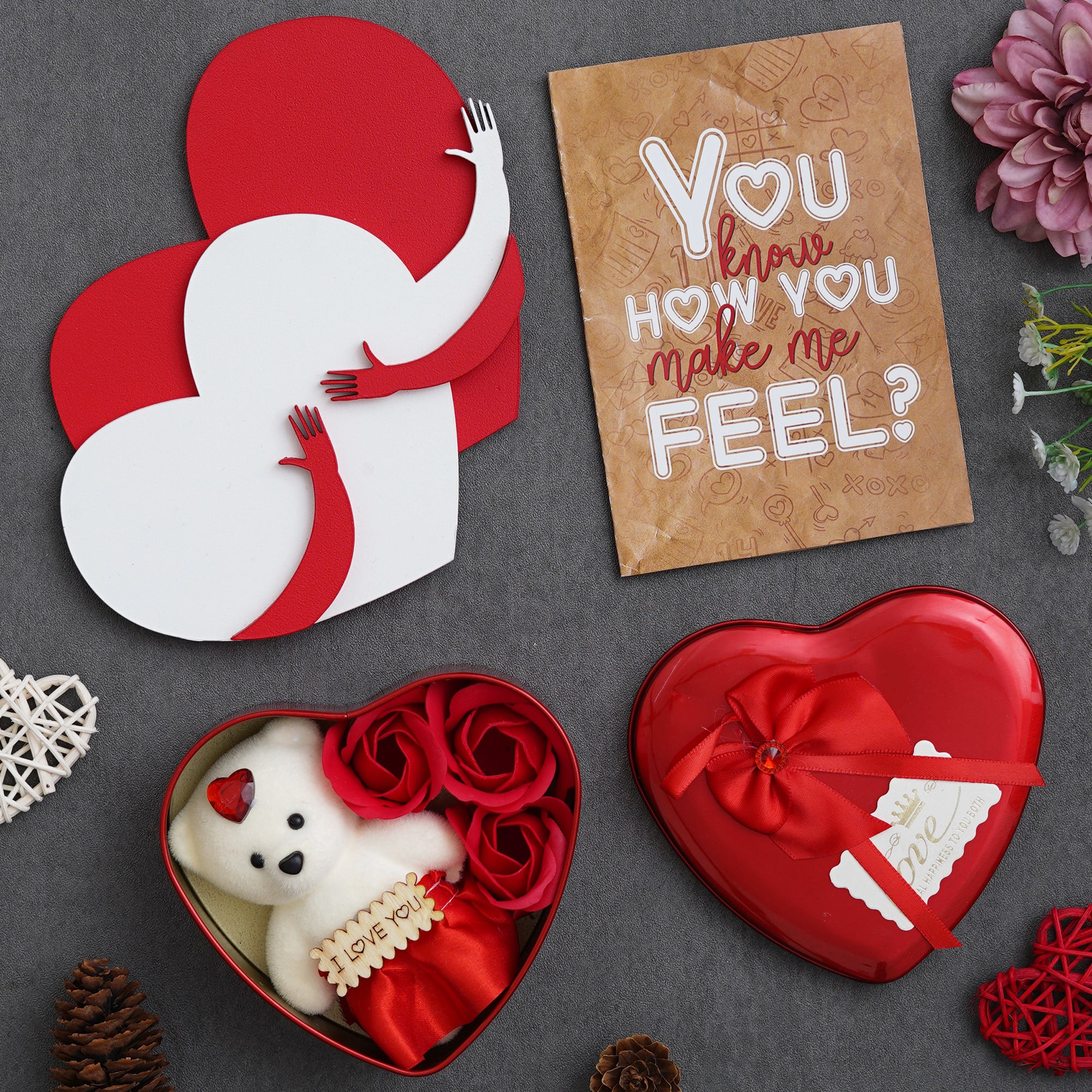 Valentine Combo of Card, Heart Shaped Gift Box Set with White Teddy and Red Roses, Red and White Heart Hugging Each Other Gift Set