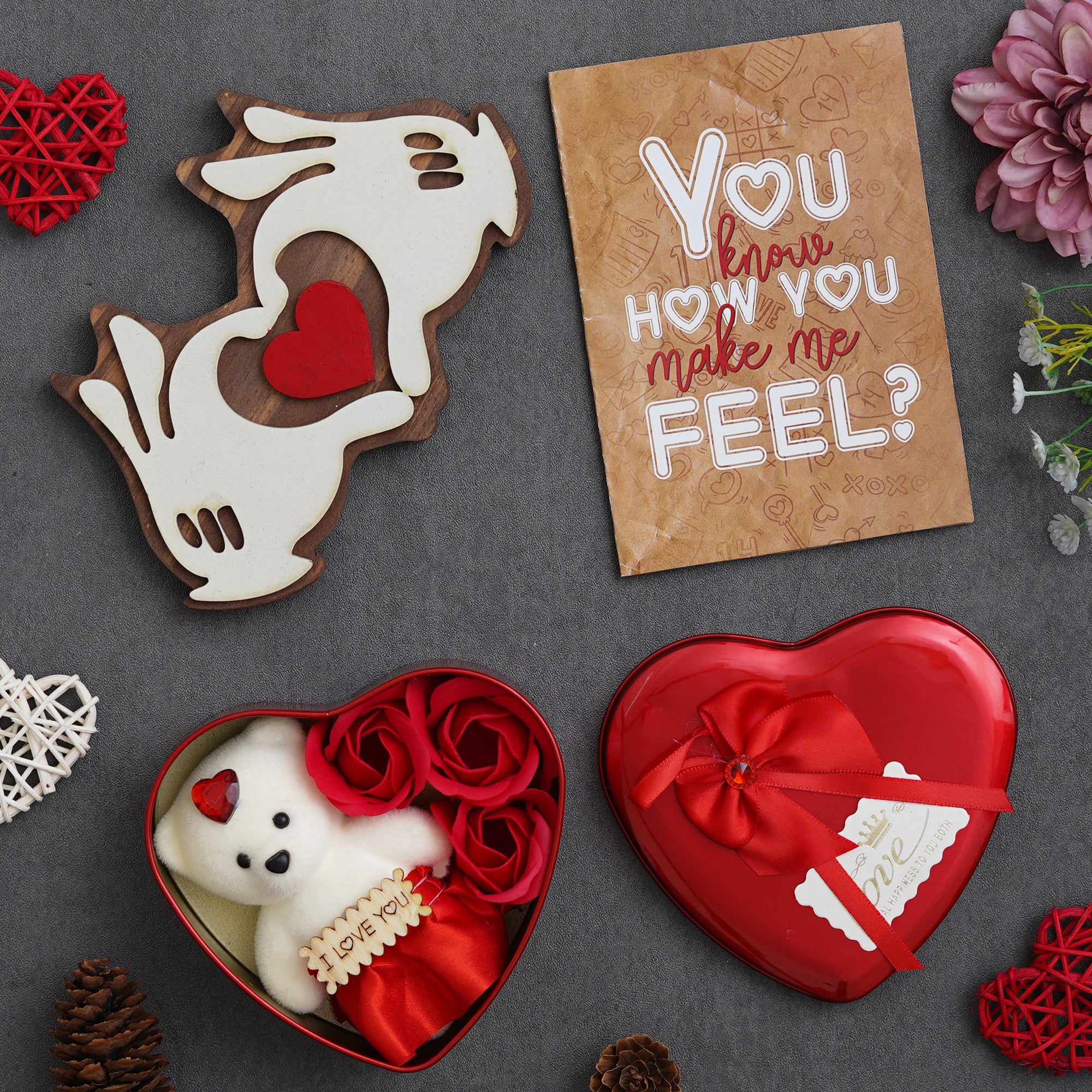 Valentine Combo of Card, Heart Shaped Gift Box Set with White Teddy and Red Roses, Hands Showcasing Red Heart Gift Set