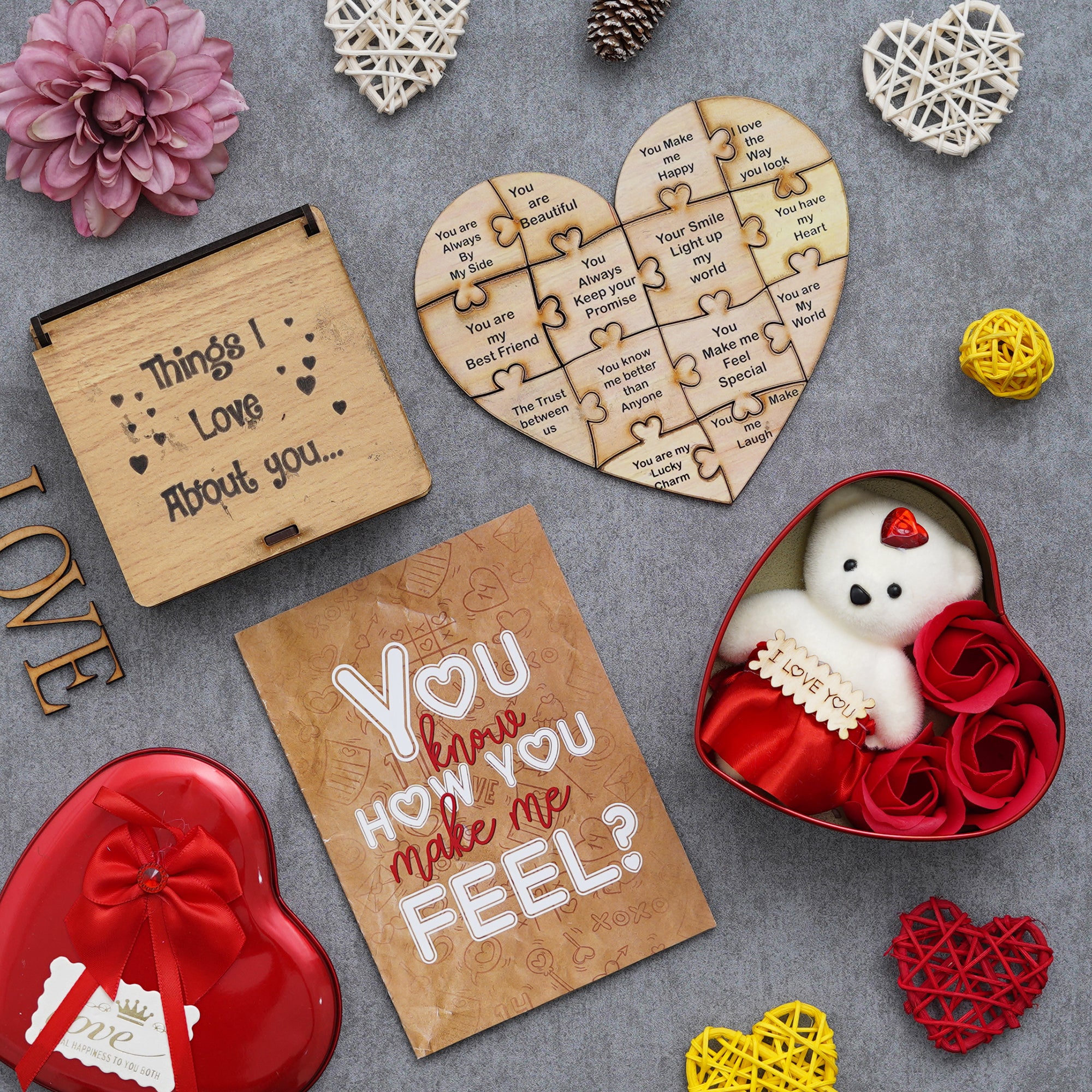 Valentine Combo of Card, Heart Shaped Gift Box Set with White Teddy and Red Roses, "Things I Love About You" Puzzle Wooden Gift Set