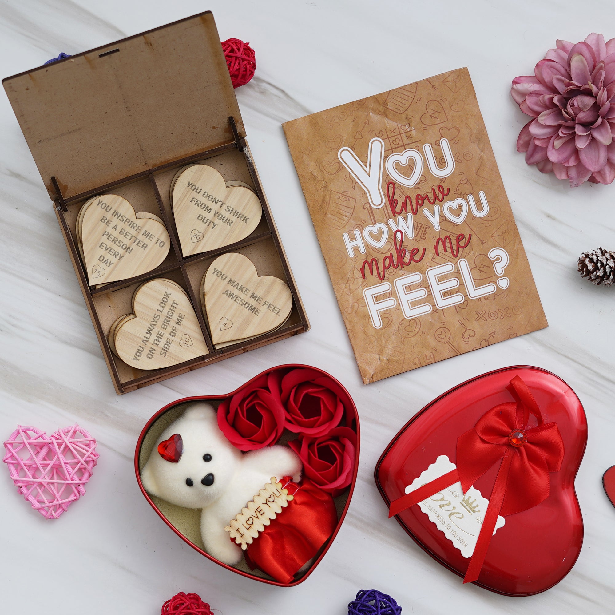 Valentine Combo of Card, Heart Shaped Gift Box Set with White Teddy and Red Roses, "20 Reasons Why I Need You" Printed on Little Hearts Wooden Gift Set