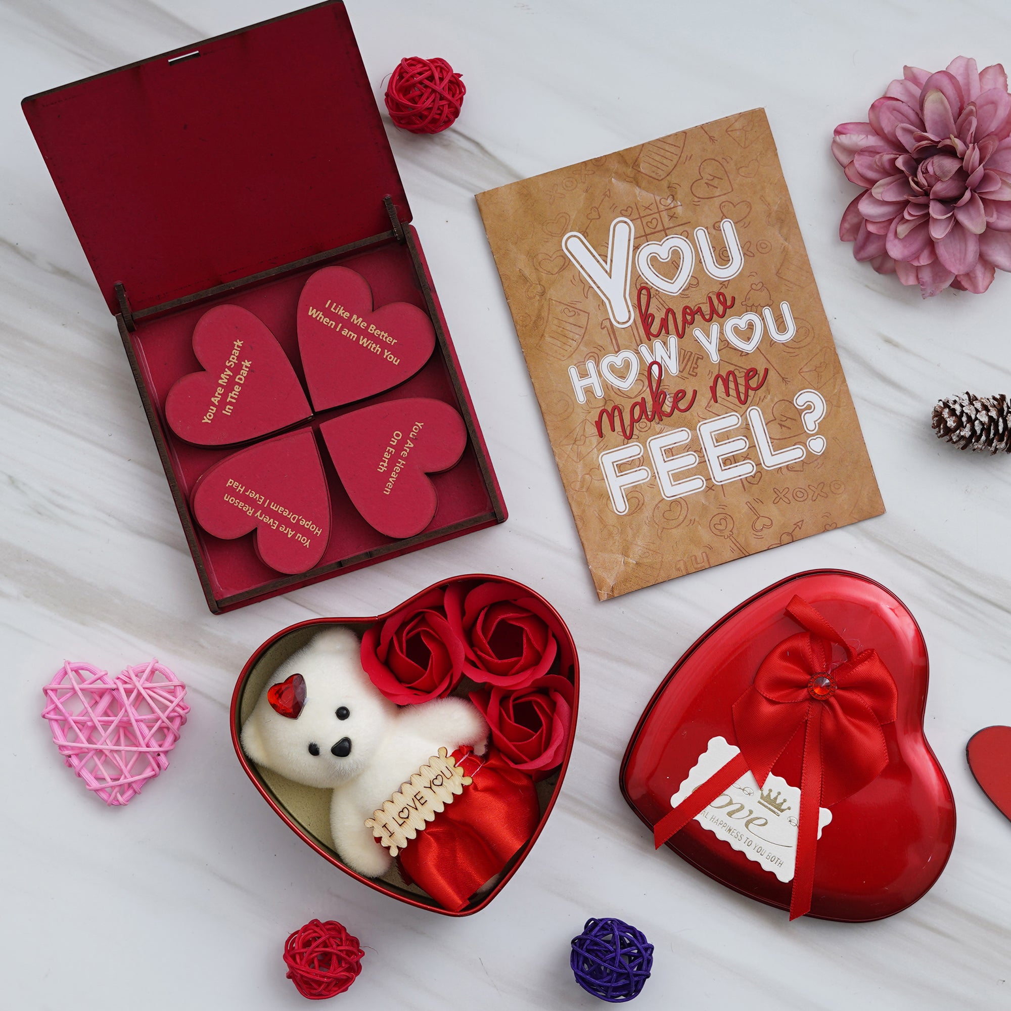 Valentine Combo of Card, Heart Shaped Gift Box Set with White Teddy and Red Roses, "20 Reasons Why I Love You" Printed on Little Red Hearts Decorative Wooden Gift Set Box