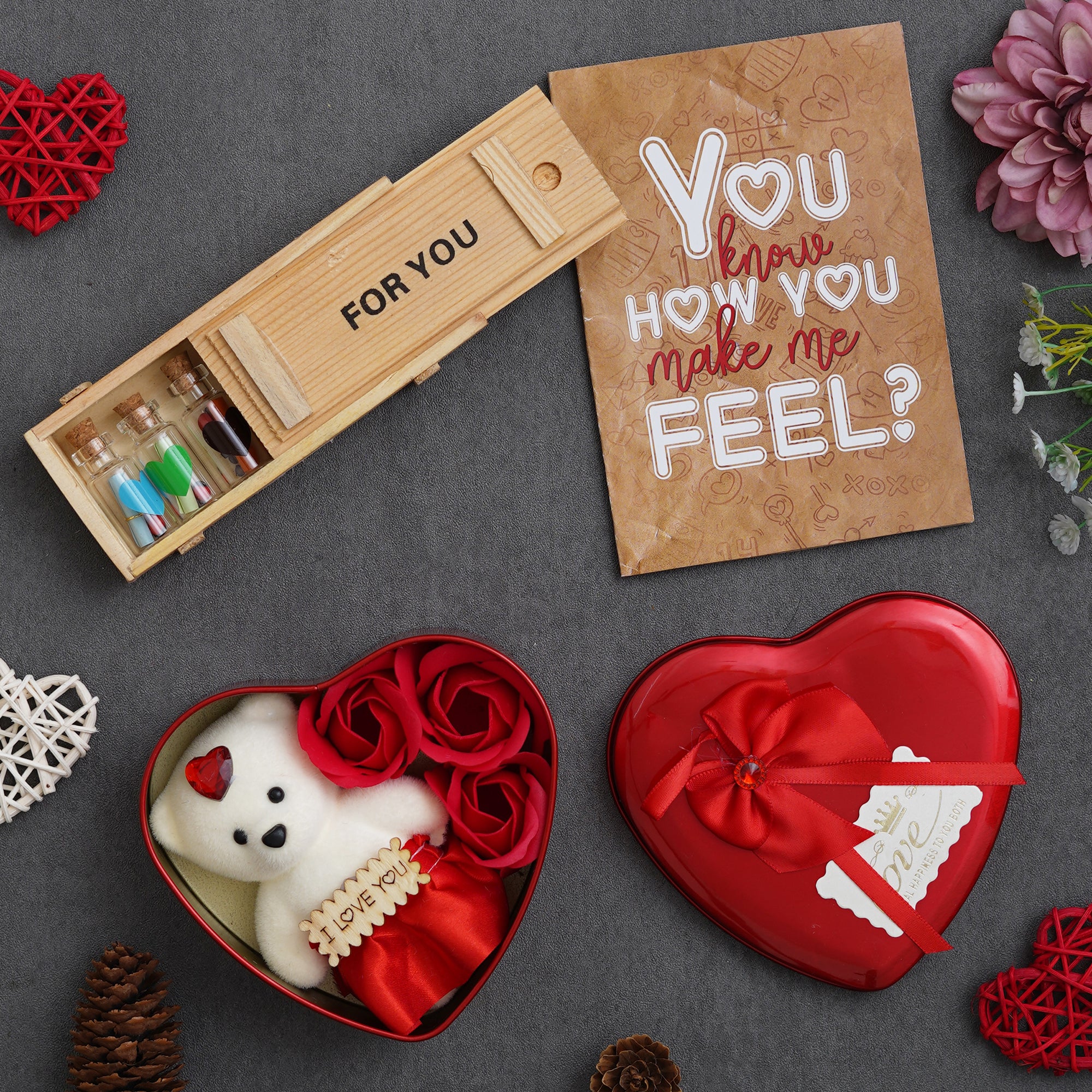 Valentine Combo of Card, Heart Shaped Gift Box Set with White Teddy and Red Roses, Wooden Box "For You" Message Bottle Set