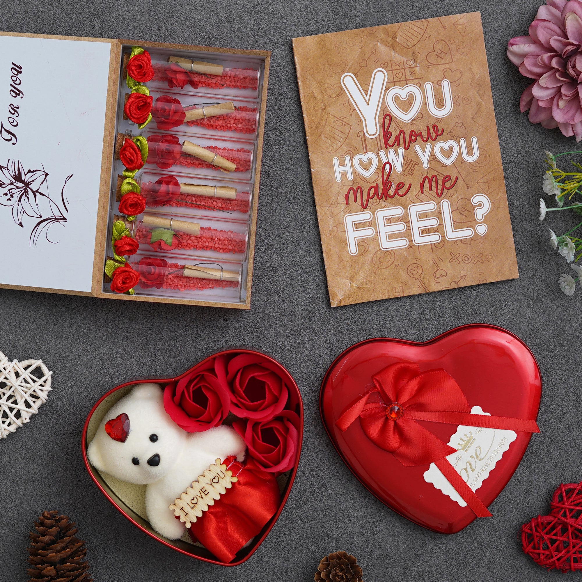 Valentine Combo of Card, Heart Shaped Gift Box Set with White Teddy and Red Roses, Red Message Bottle Wooden Box Set