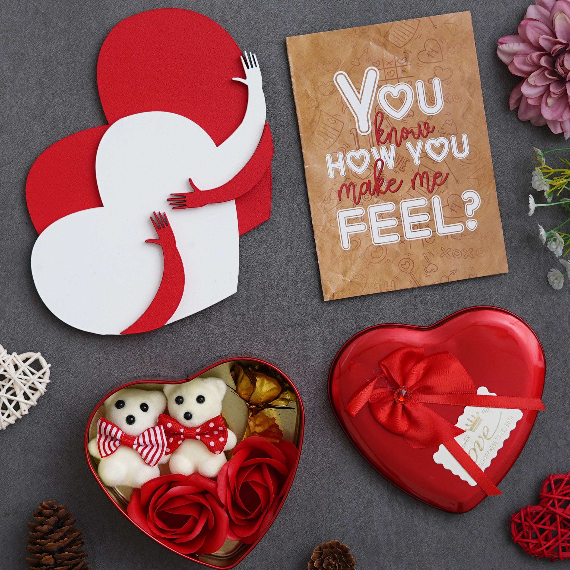 Valentine Combo of Card, Red and White Heart Hugging Each Other Gift Set, Red Heart Shaped Gift Box
