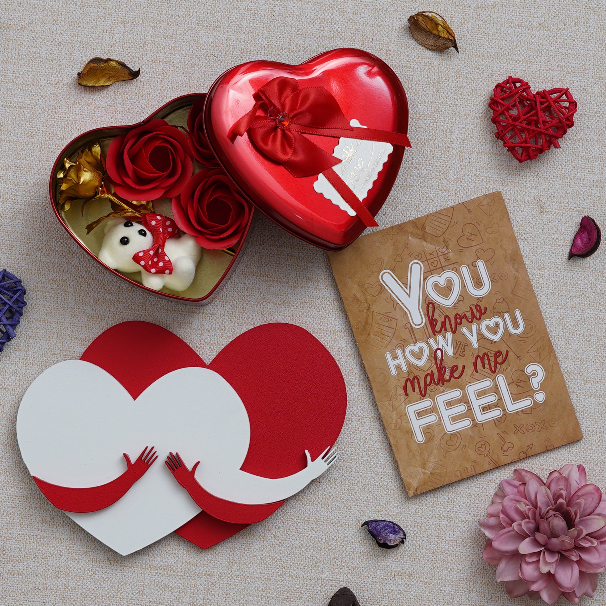 Valentine Combo of Card, Red and White Heart Hugging Each Other Gift Set, Red Heart Shaped Gift Box