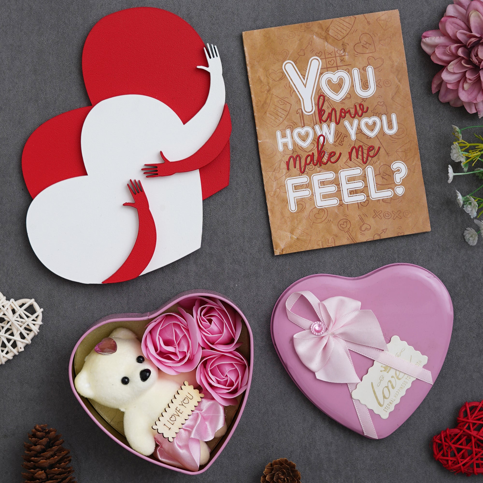 Valentine Combo of Card, Red and White Heart Hugging Each Other Gift Set, Pink Heart Shaped Gift Box with Teddy and Roses