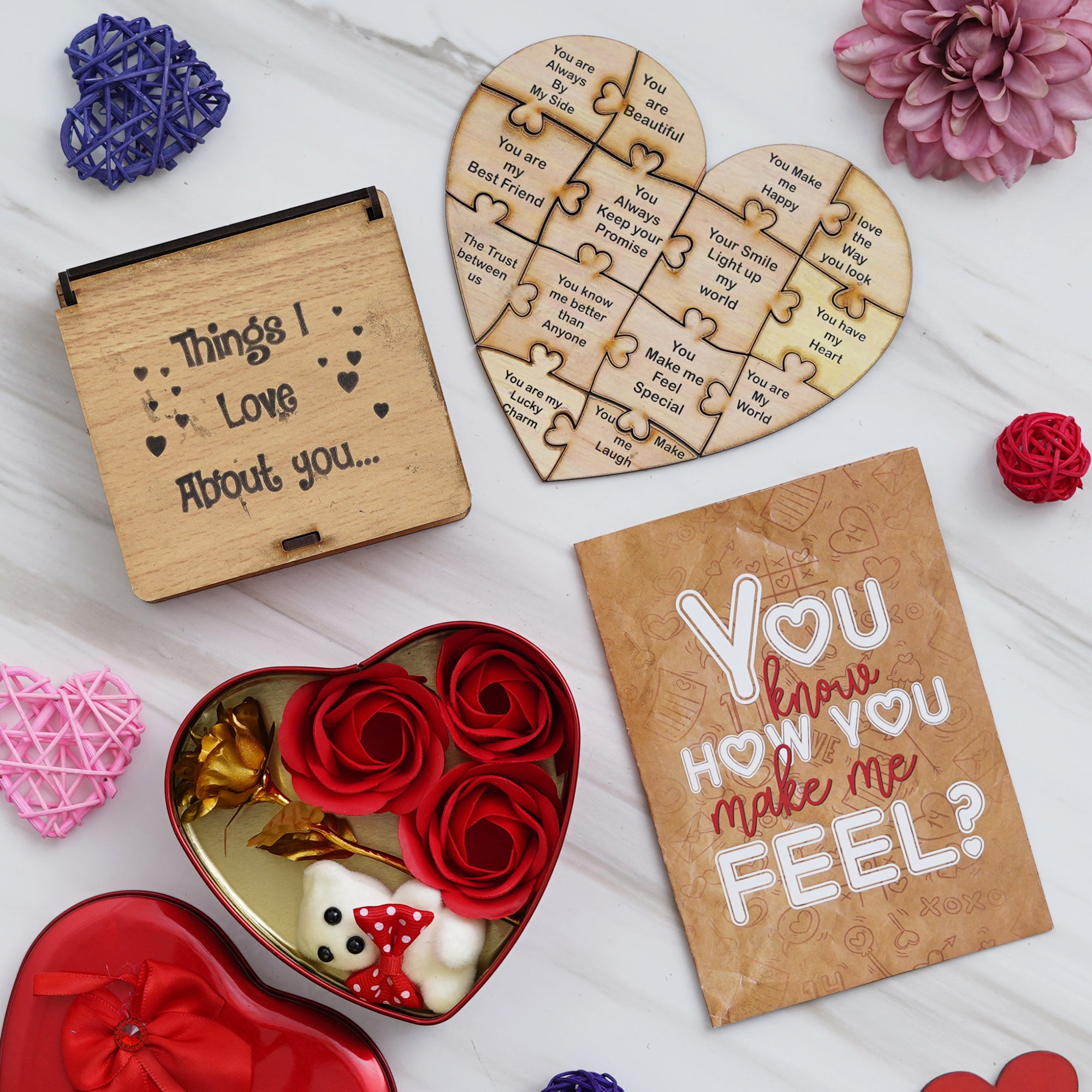 Valentine Combo of Card, "Things I Love About You" Puzzle Wooden Gift Set, Red Heart Shaped Gift Box