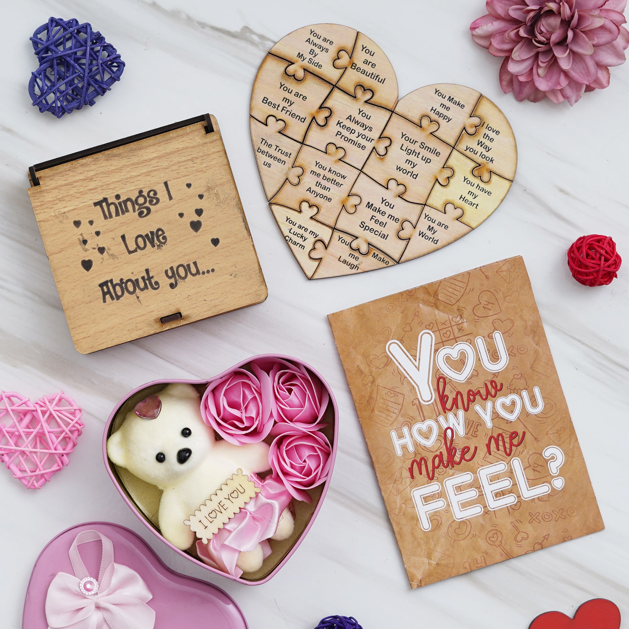 Valentine Combo of Card, "Things I Love About You" Puzzle Wooden Gift Set, Pink Heart Shaped Gift Box with Teddy and Roses