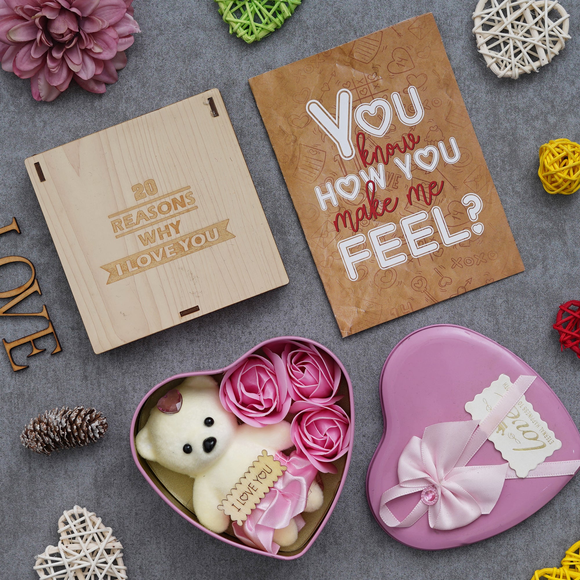 Valentine Combo of Card, "20 Reasons Why I Love You" Printed on Little Hearts Wooden Gift Set, Pink Heart Shaped Gift Box with Teddy and Roses
