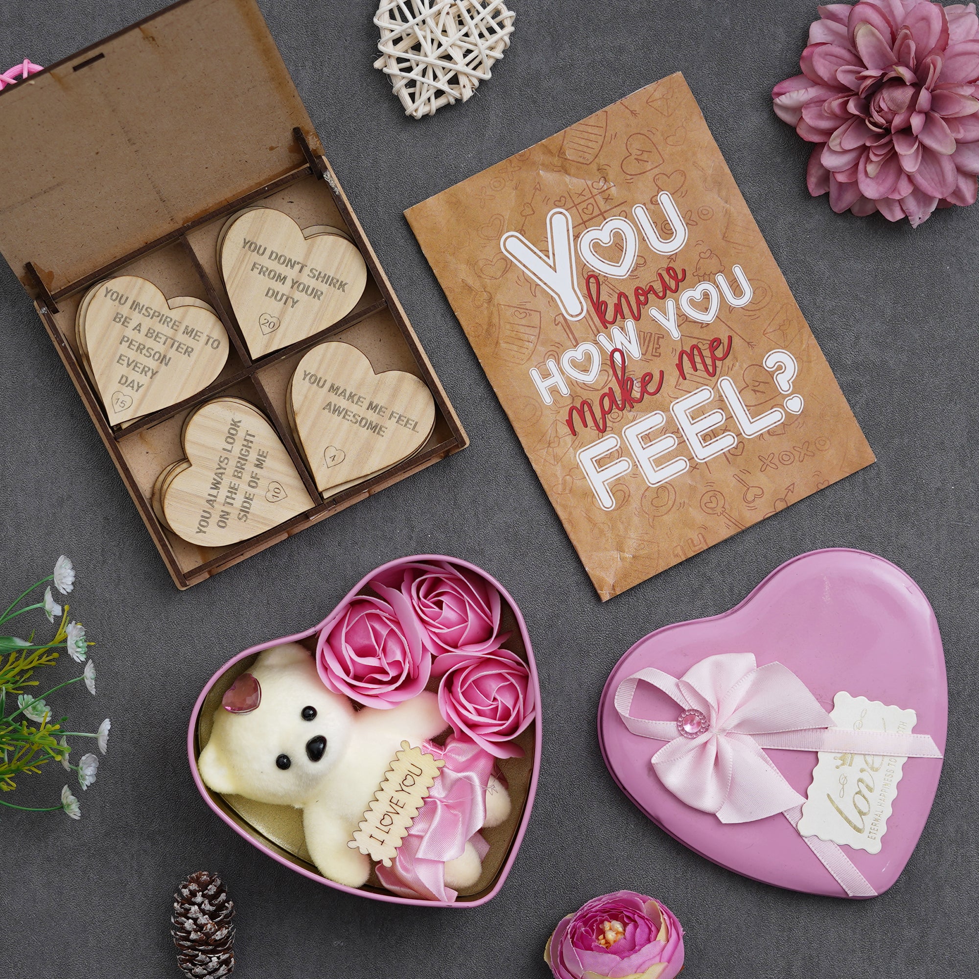 Valentine Combo of Card, "20 Reasons Why I Need You" Printed on Little Hearts Wooden Gift Set, Pink Heart Shaped Gift Box with Teddy and Roses