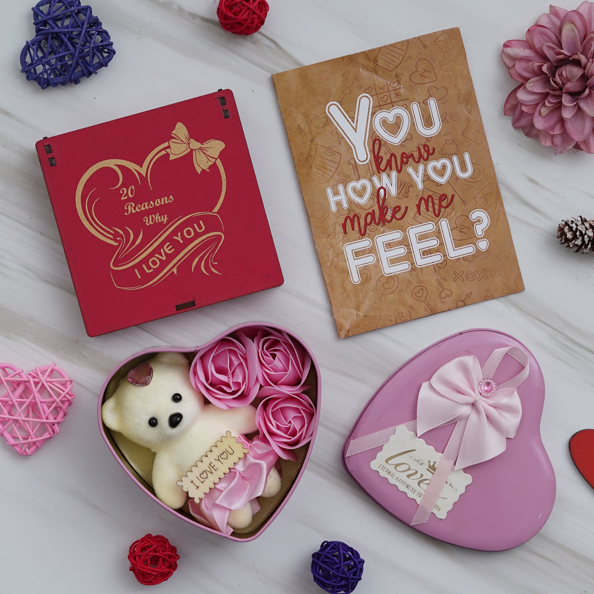 Valentine Combo of Card, "20 Reasons Why I Love You" Printed on Little Red Hearts Decorative Wooden Gift Set Box, Pink Heart Shaped Gift Box with Teddy and Roses