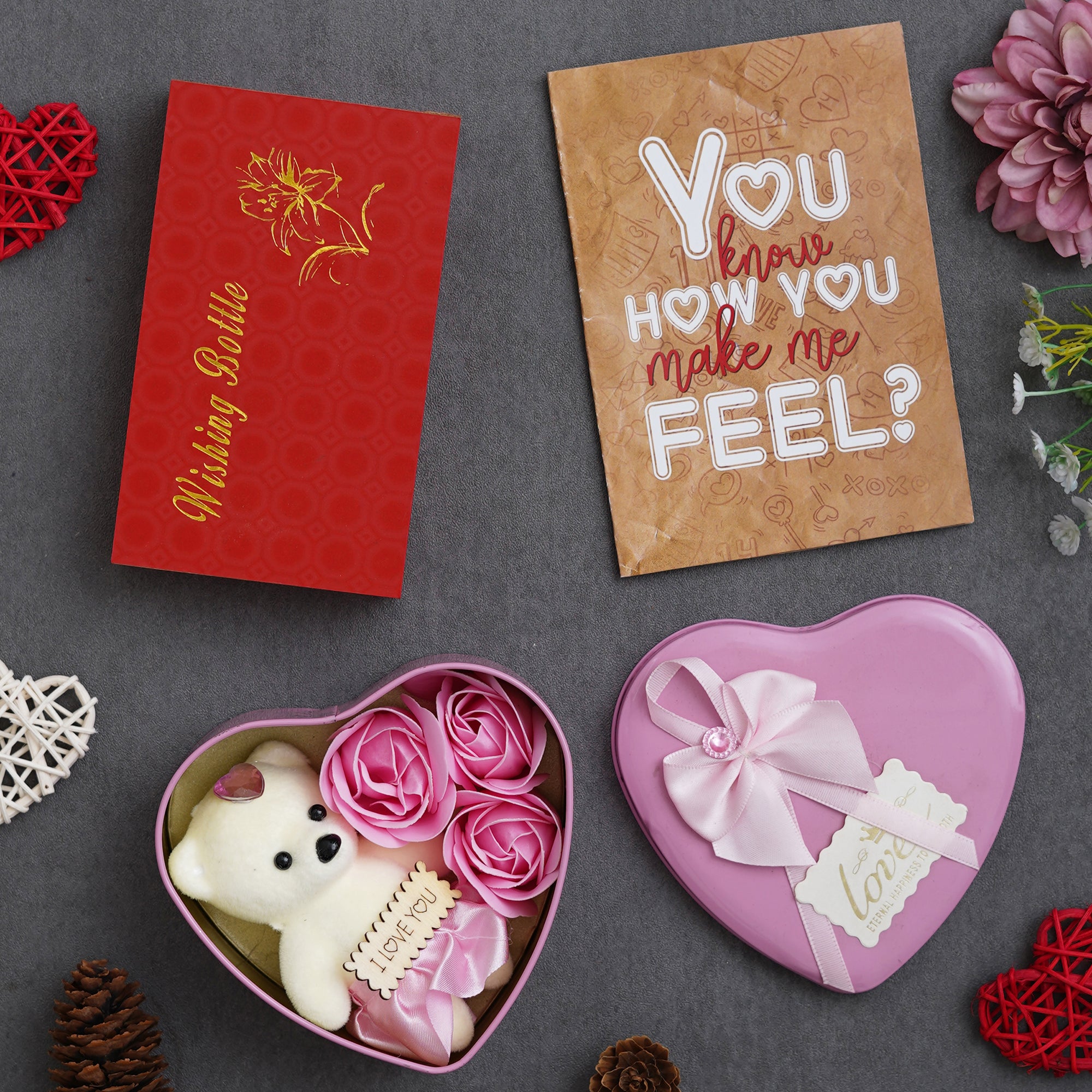 Valentine Combo of Card, Pink Heart Shaped Gift Box with Teddy and Roses, Red Message Bottle Wooden Box Set