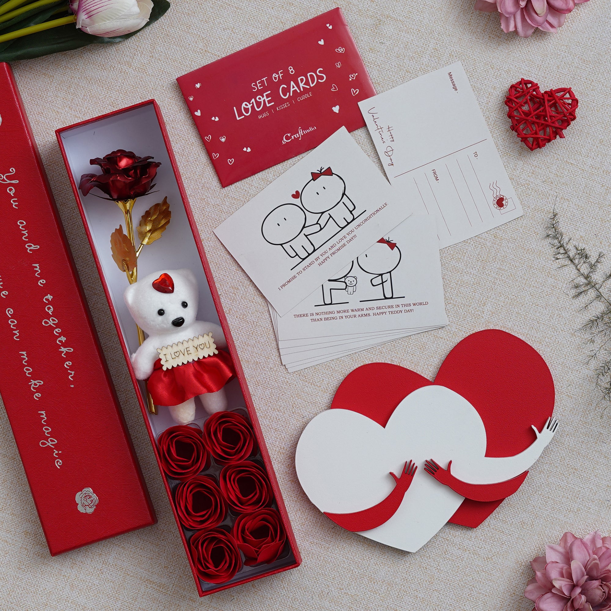 Valentine Combo of Pack of 8 Love Gift Cards, Red Gift Box with Teddy & Roses, Red and White Heart Hugging Each Other Gift Set