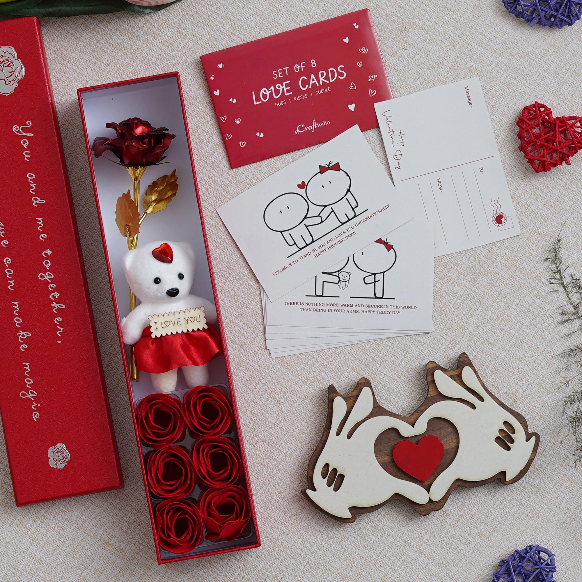 Valentine Combo of Pack of 8 Love Gift Cards, Red Gift Box with Teddy & Roses, Hands Showcasing Red Heart Gift Set