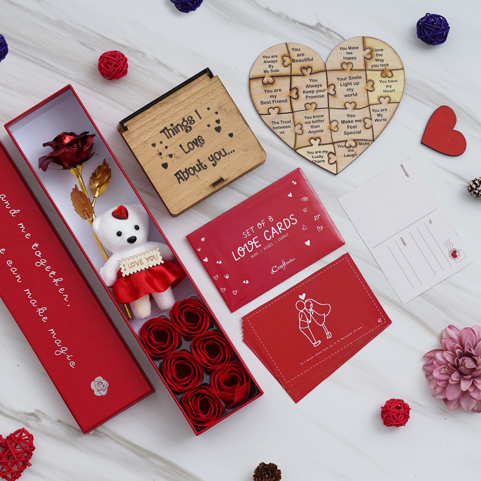 Valentine Combo of Pack of 8 Love Gift Cards, Red Gift Box with Teddy & Roses, "Things I Love About You" Puzzle Wooden Gift Set