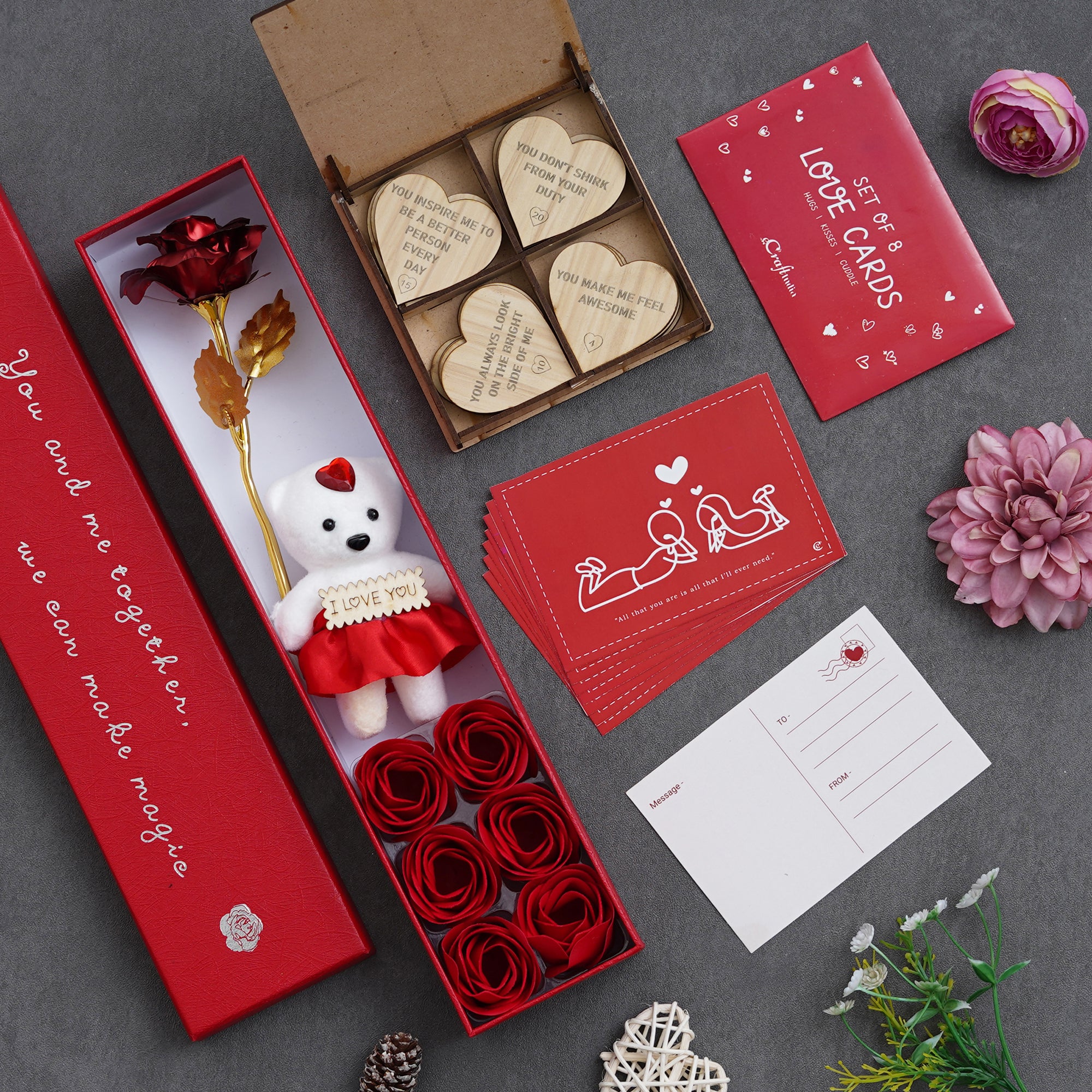 Valentine Combo of Pack of 8 Love Gift Cards, Red Gift Box with Teddy & Roses, "20 Reasons Why I Need You" Printed on Little Hearts Wooden Gift Set