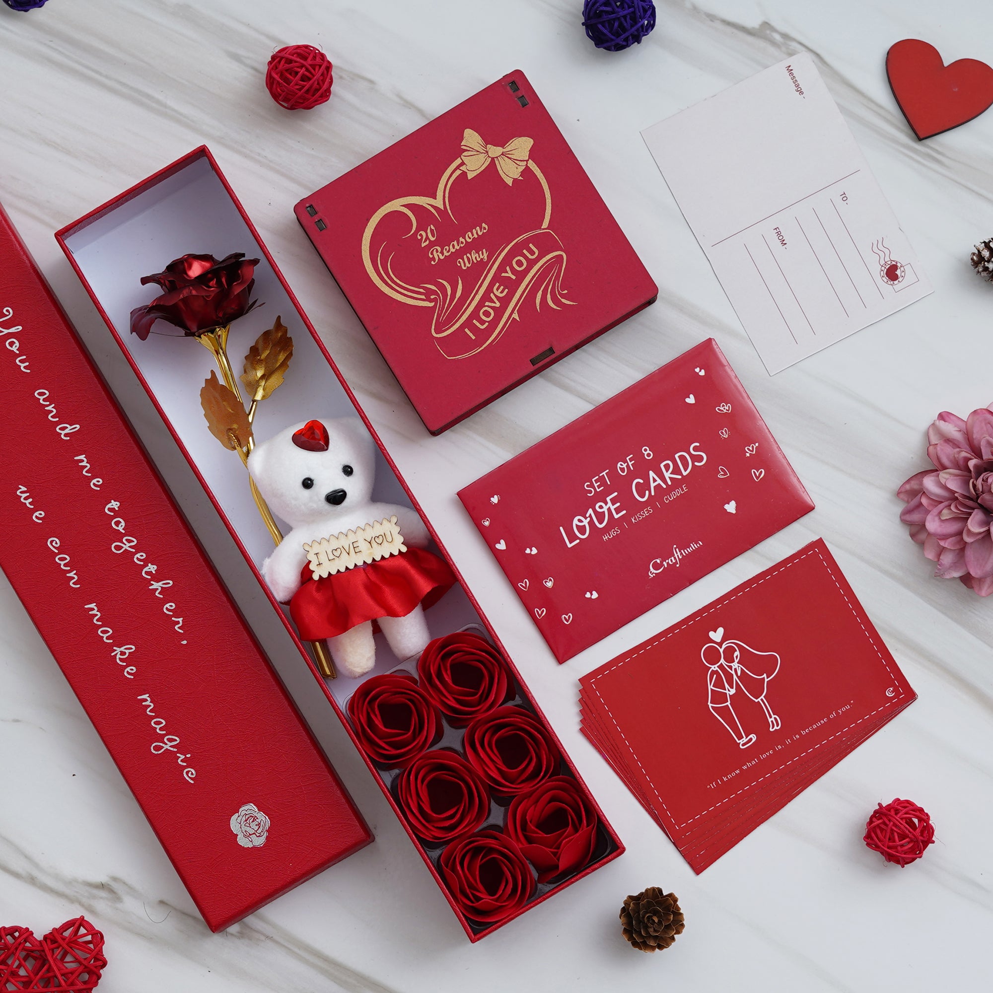 Valentine Combo of Pack of 8 Love Gift Cards, Red Gift Box with Teddy & Roses, "20 Reasons Why I Love You" Printed on Little Red Hearts Decorative Wooden Gift Set Box