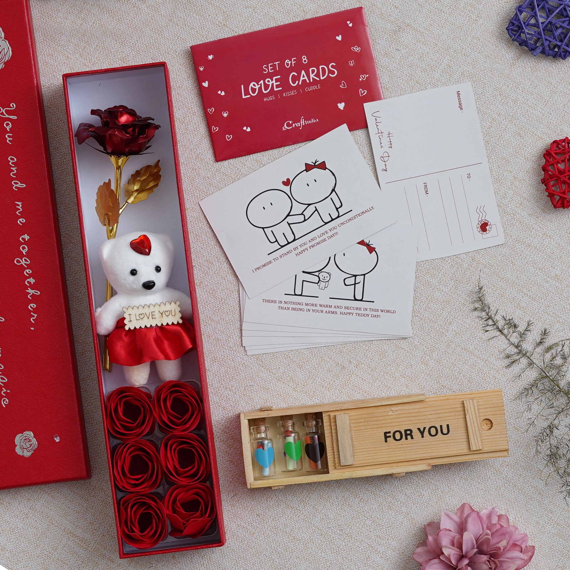 Valentine Combo of Pack of 8 Love Gift Cards, Red Gift Box with Teddy & Roses, Wooden Box "For You" Message Bottle Set