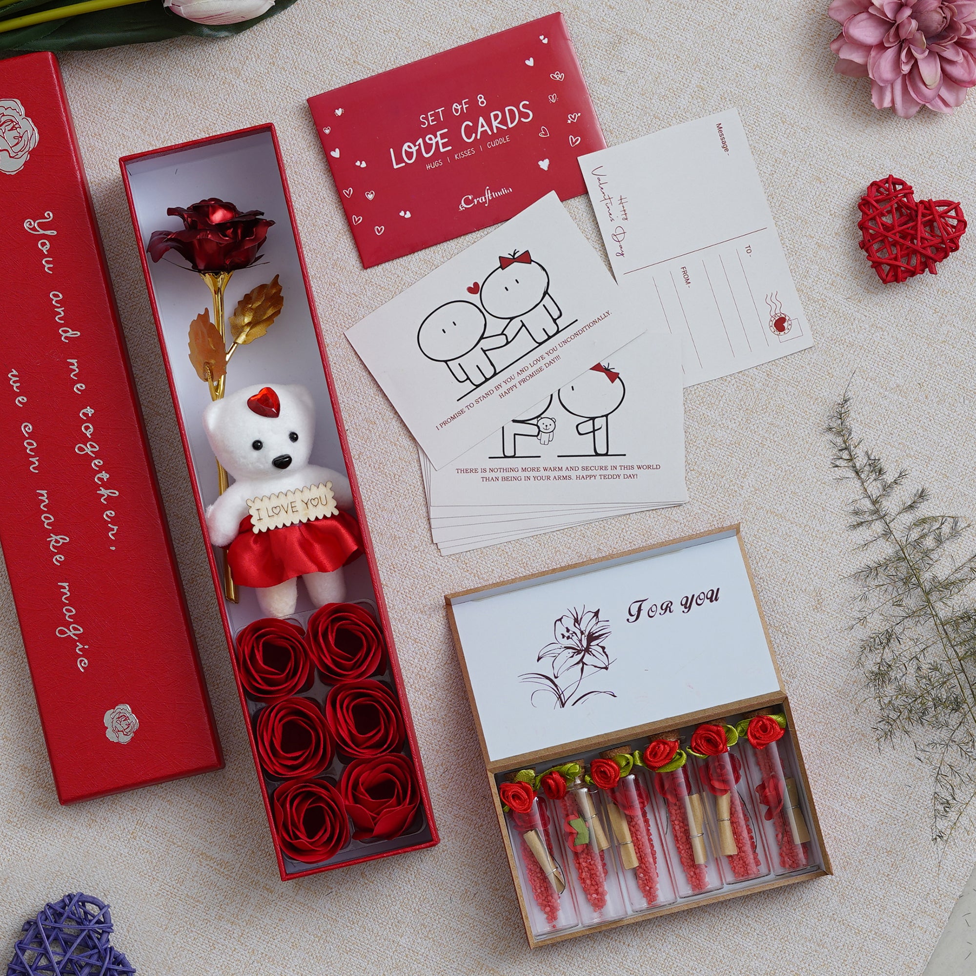 Valentine Combo of Pack of 8 Love Gift Cards, Red Gift Box with Teddy & Roses, Red Message Bottle Wooden Box Set