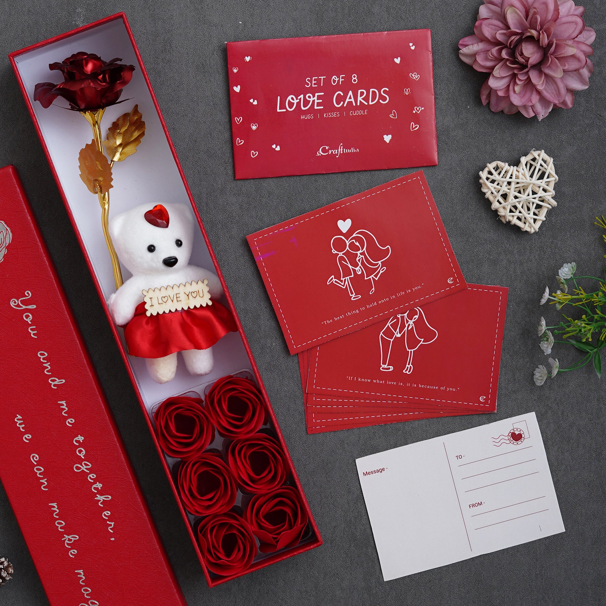 Valentine Combo of Pack of 8 Love Gift Cards, Red Gift Box with Teddy & Roses