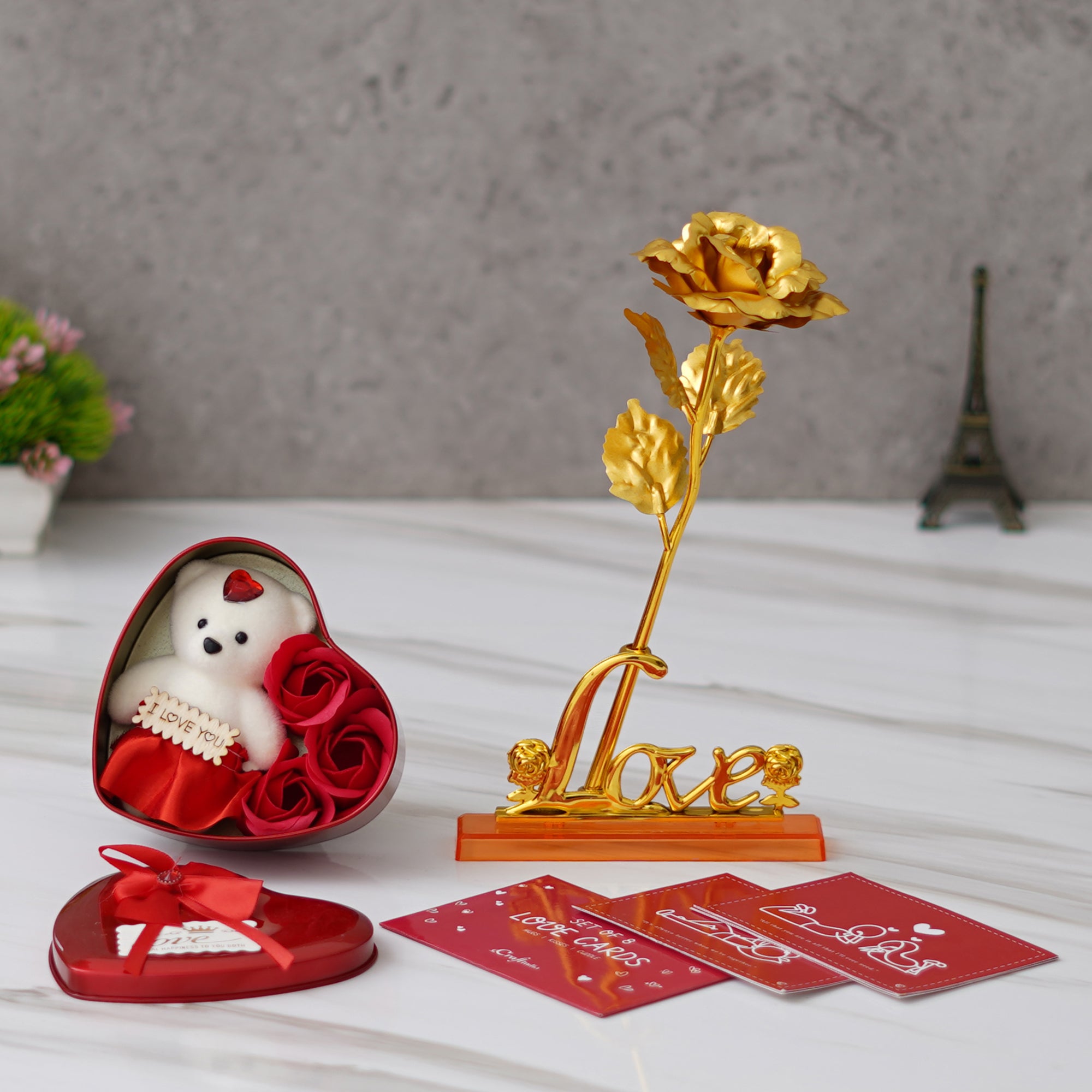 Valentine Combo of Pack of 8 Love Gift Cards, Love Golden Rose Table Decor Gift Set Showpiece, Heart Shaped Gift Box Set with White Teddy and Red Roses