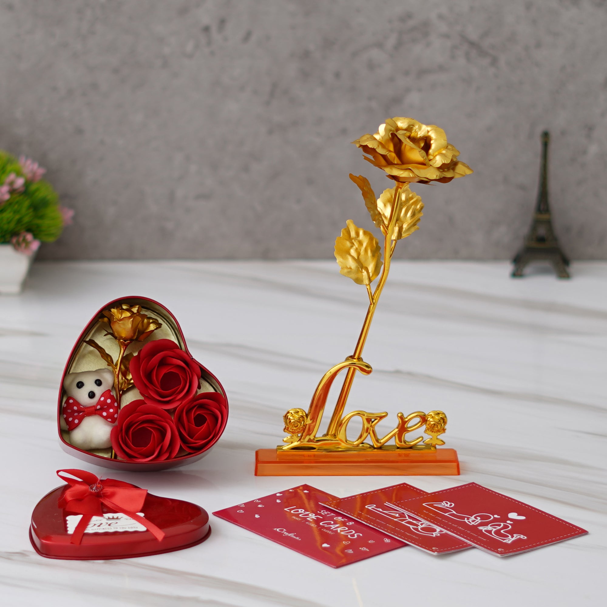 Valentine Combo of Pack of 8 Love Gift Cards, Love Golden Red Rose Table Decor Gift Set Showpiece, Red Heart Shaped Gift Box