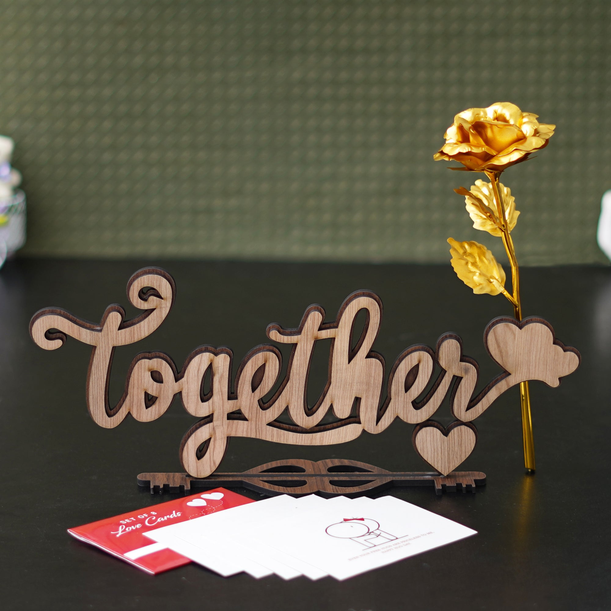 Valentine Combo of Pack of 8 Love Gift Cards, Golden Rose Gift Set, "Together" Brown Wooden Puzzle Showpiece With Stand