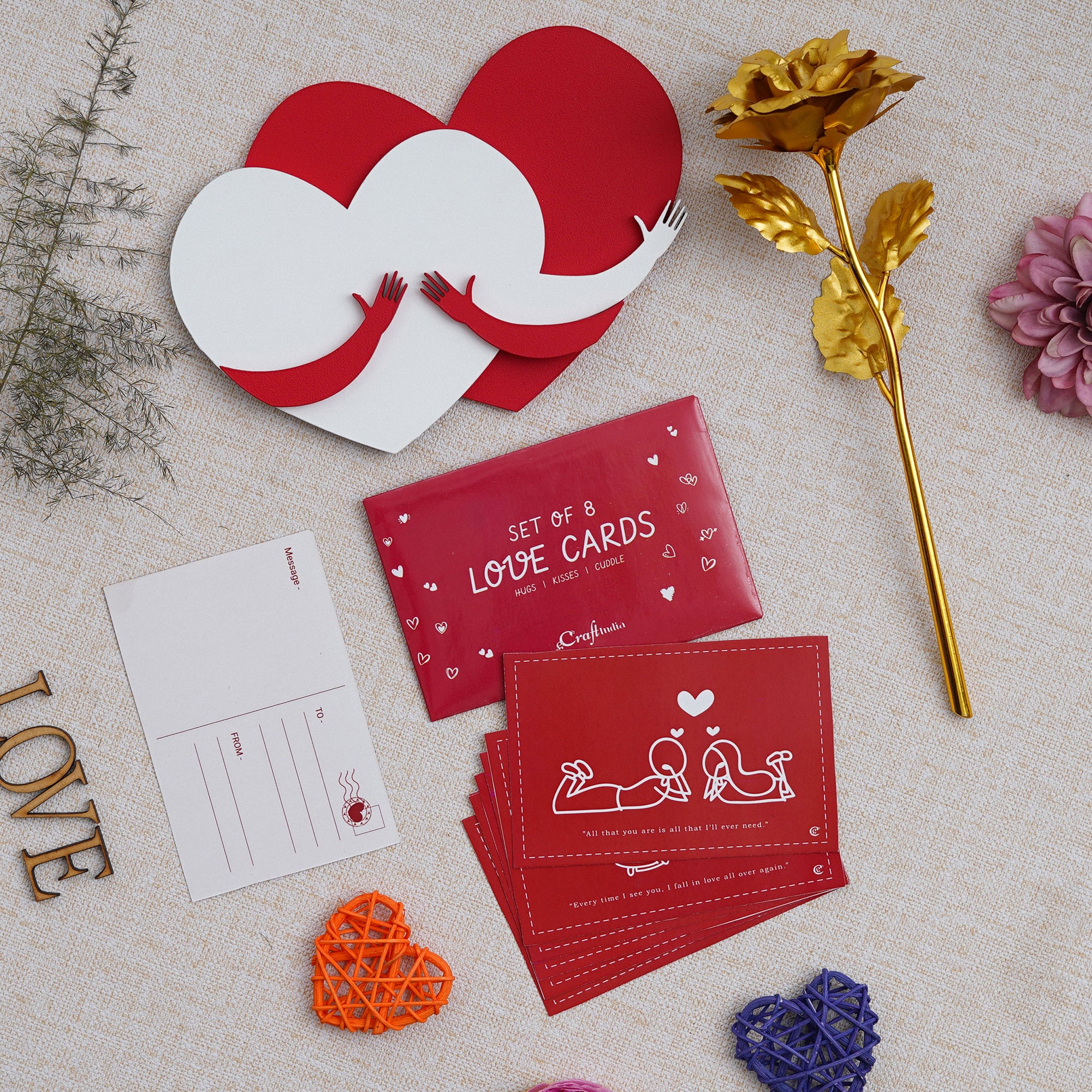 Valentine Combo of Pack of 8 Love Gift Cards, Golden Rose Gift Set, Red and White Heart Hugging Each Other Gift Set