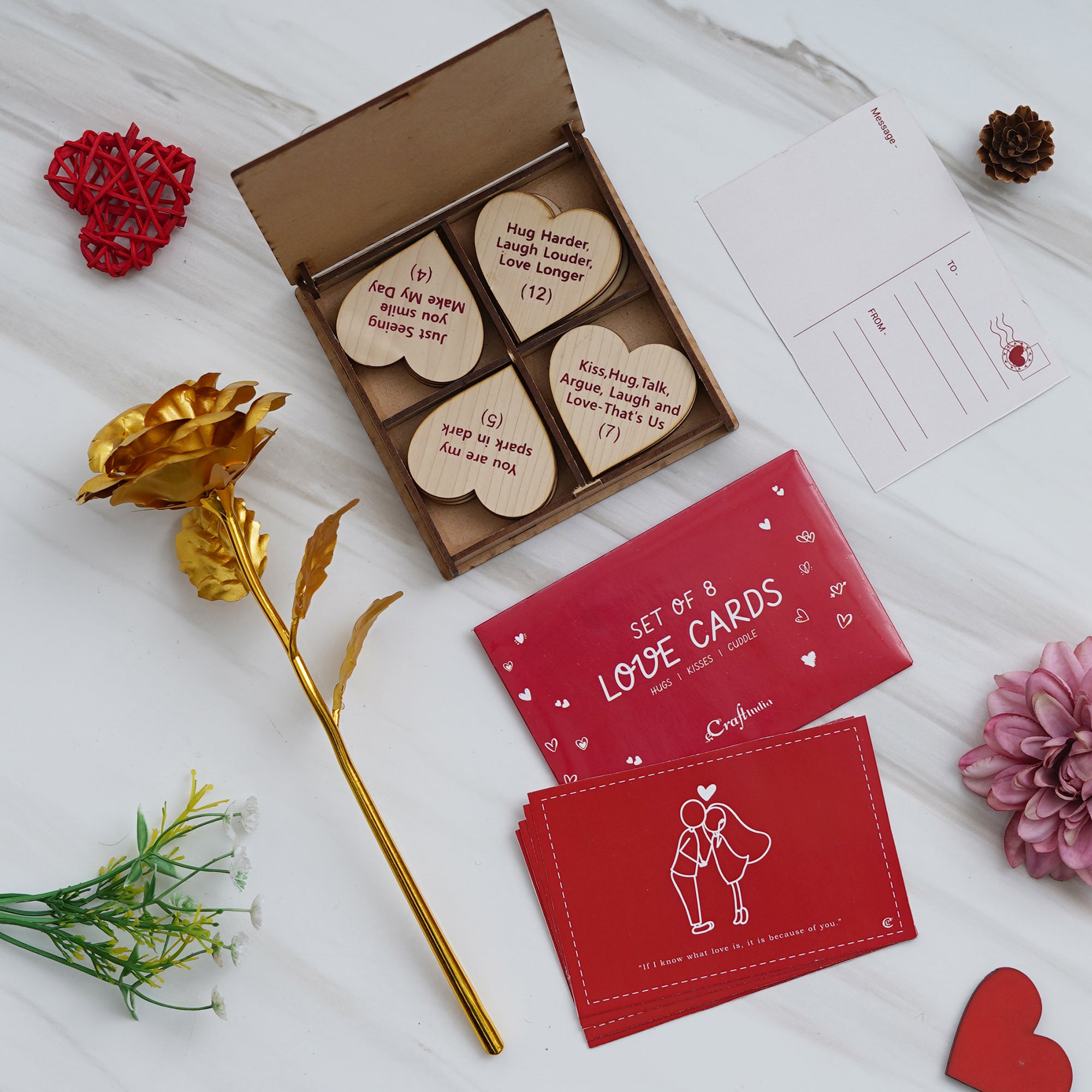 Valentine Combo of Pack of 8 Love Gift Cards, Golden Rose Gift Set, "20 Reasons Why I Love You" Printed on Little Hearts Wooden Gift Set