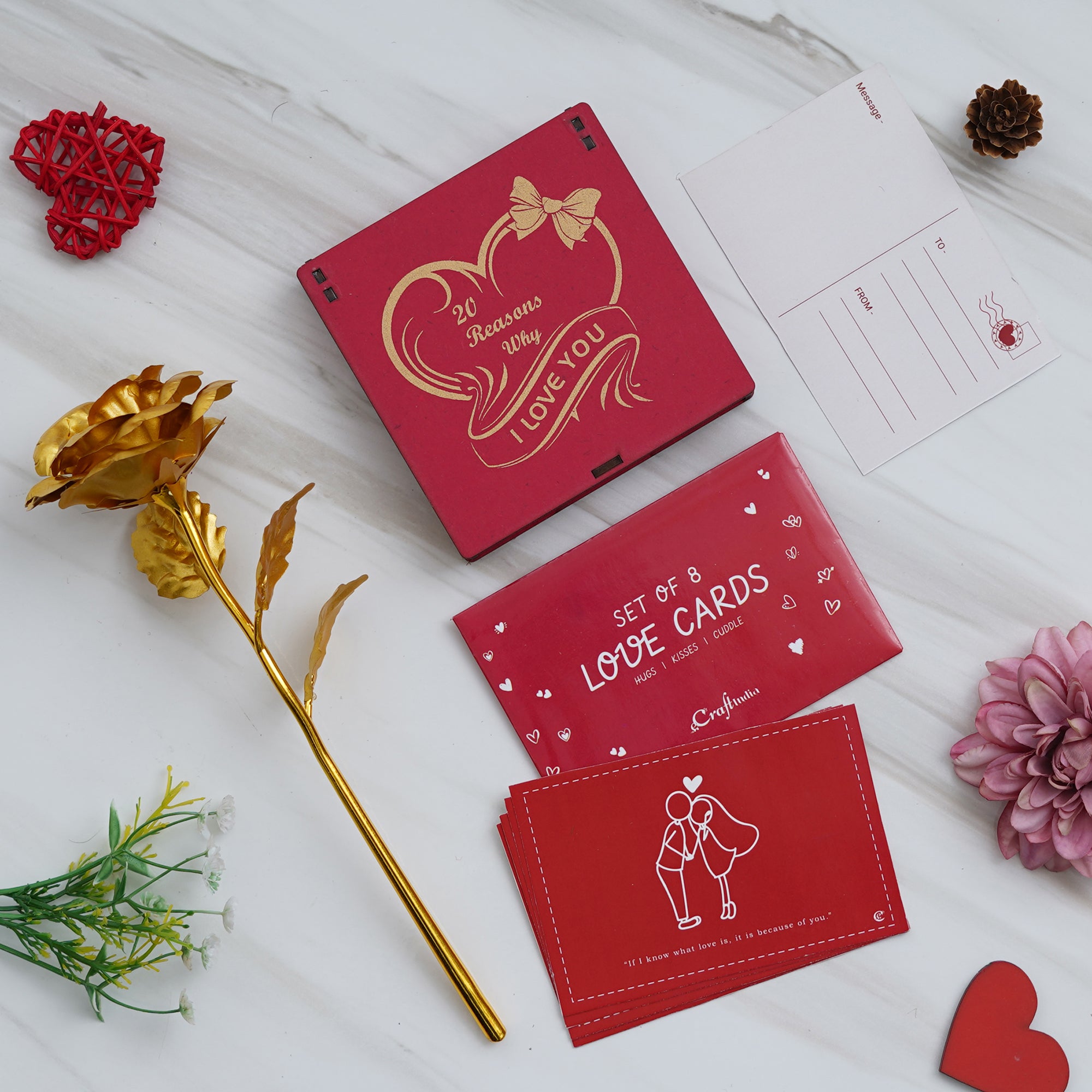 Valentine Combo of Pack of 8 Love Gift Cards, Golden Rose Gift Set, "20 Reasons Why I Love You" Printed on Little Red Hearts Decorative Wooden Gift Set Box