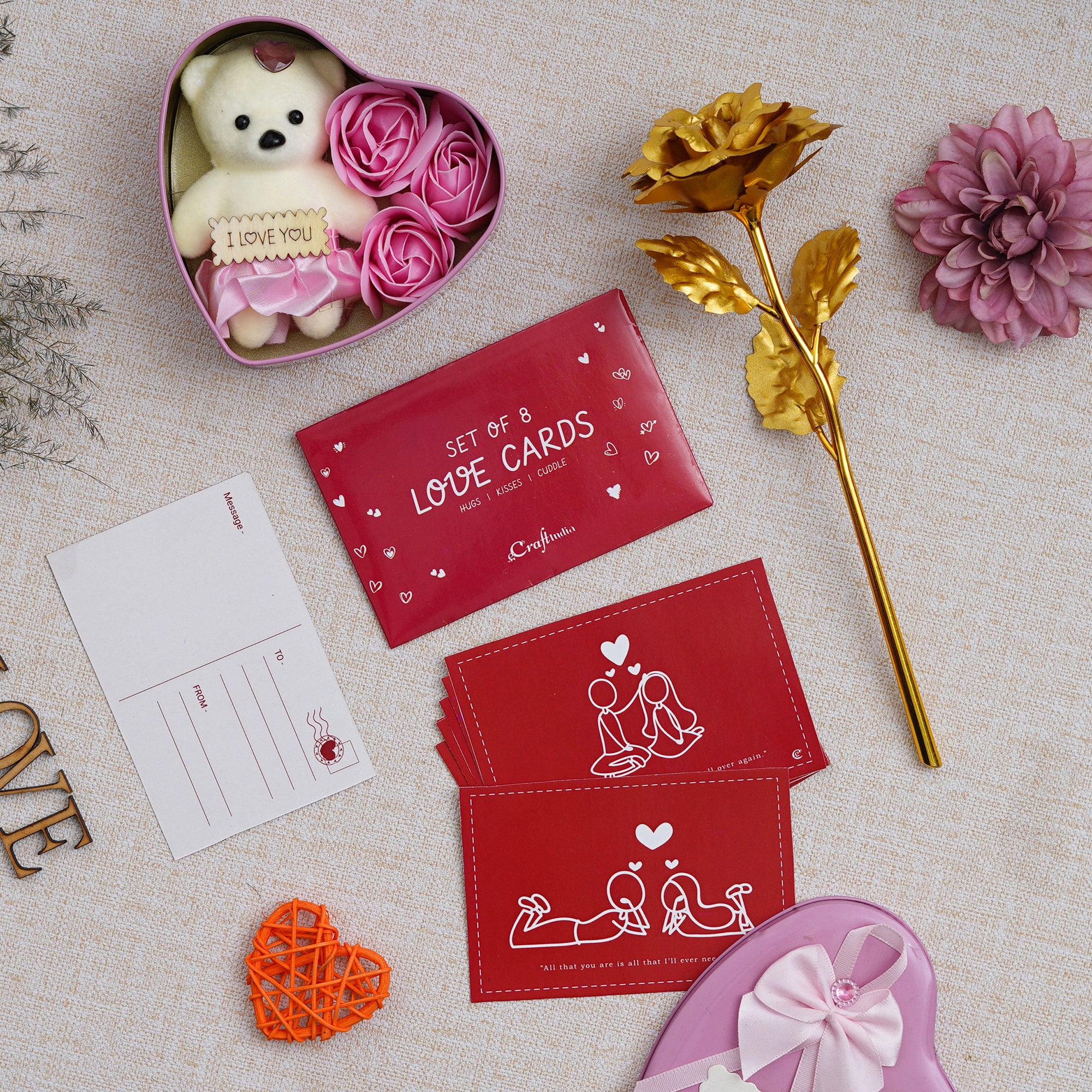 Valentine Combo of Pack of 8 Love Gift Cards, Golden Rose Gift Set, Pink Heart Shaped Gift Box with Teddy and Roses