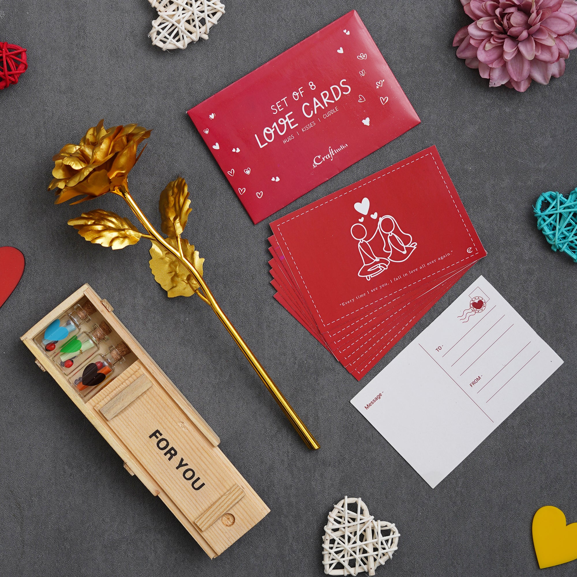 Valentine Combo of Pack of 8 Love Gift Cards, Golden Rose Gift Set, Wooden Box "For You" Message Bottle Set