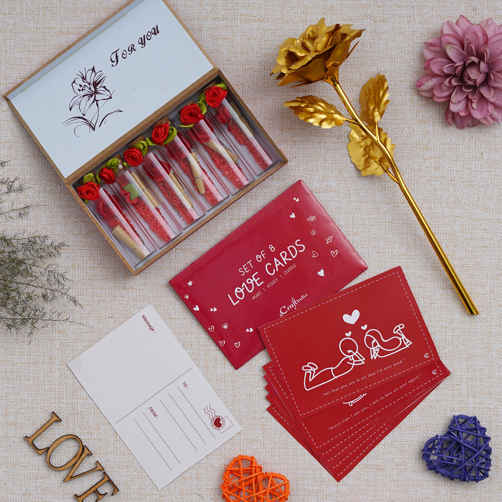 Valentine Combo of Pack of 8 Love Gift Cards, Golden Rose Gift Set, Red Message Bottle Wooden Box Set