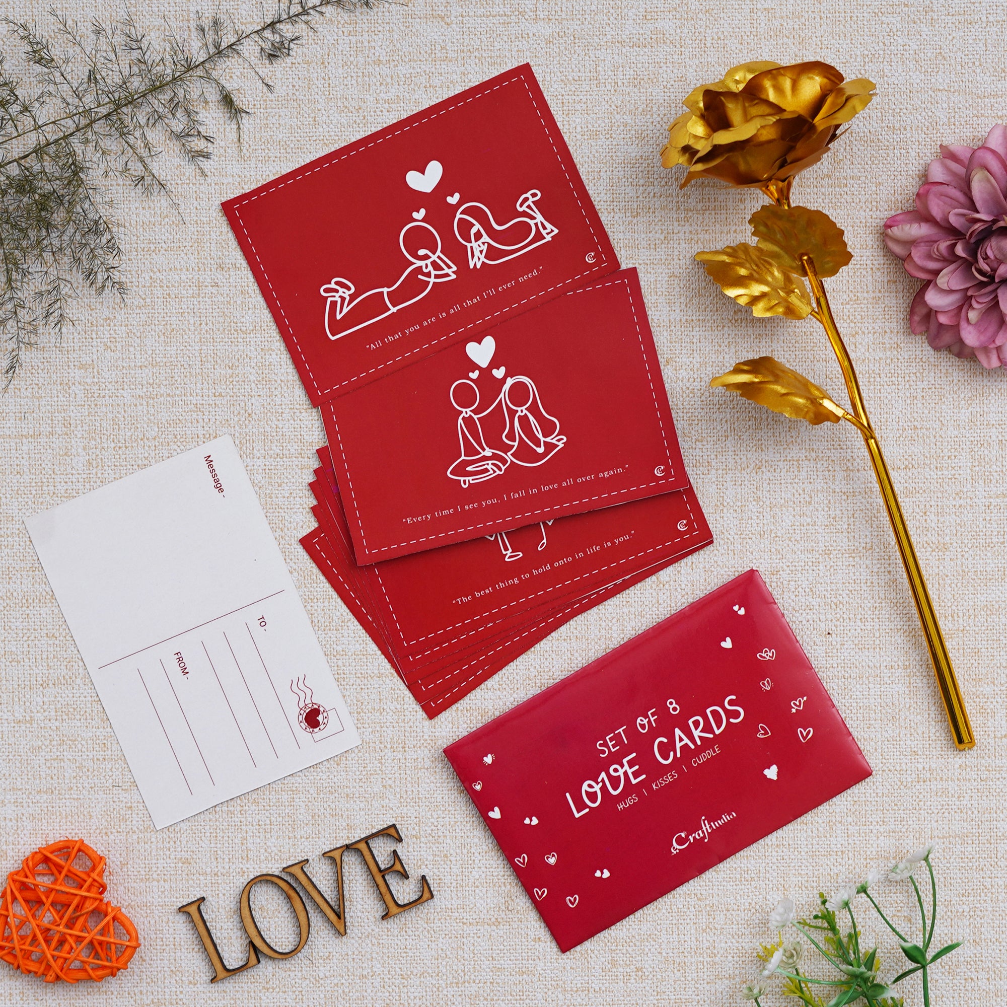 Valentine Combo of Pack of 8 Love Gift Cards, Golden Rose Gift Set