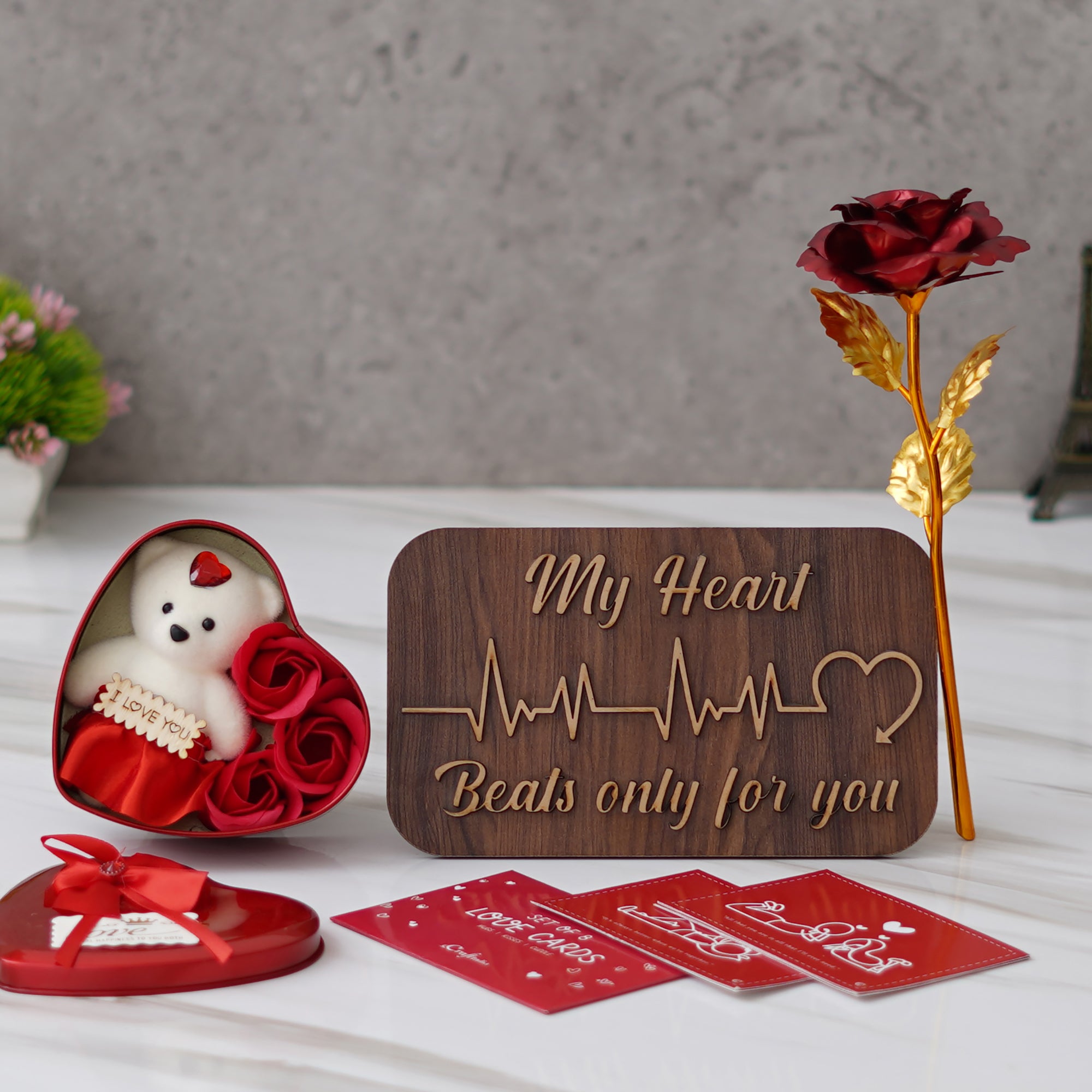Valentine Combo of Pack of 8 Love Gift Cards, Golden Red Rose Gift Set, "My Heart Beats Only For You" Wooden Showpiece With Stand, Heart Shaped Gift Box Set with White Teddy and Red Roses