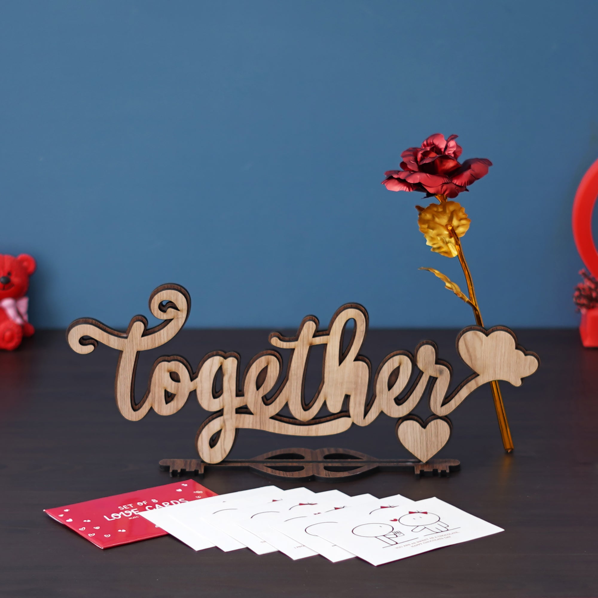 Valentine Combo of Pack of 8 Love Gift Cards, Golden Red Rose Gift Set, Heart Couple Kissing Wooden Brown Showpiece With Stand