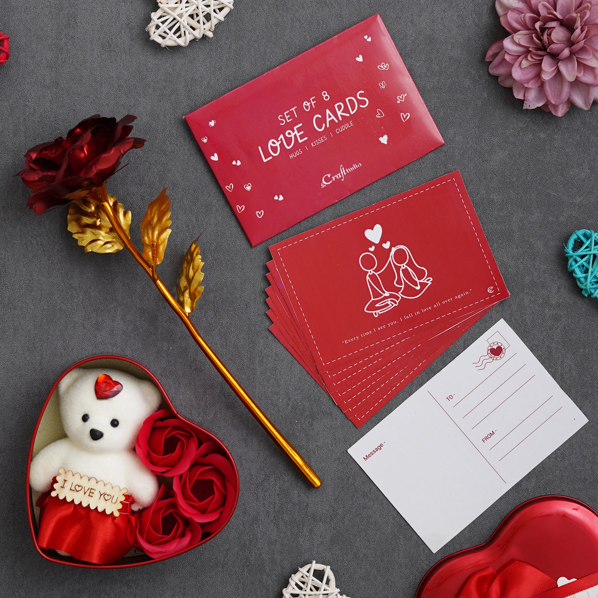 Valentine Combo of Pack of 8 Love Gift Cards, Golden Red Rose Gift Set, Heart Shaped Gift Box Set with White Teddy and Red Roses
