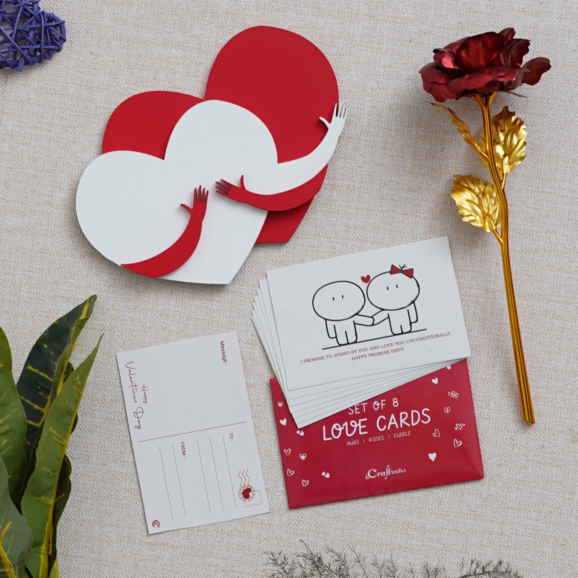 Valentine Combo of Pack of 8 Love Gift Cards, Golden Red Rose Gift Set, Red and White Heart Hugging Each Other Gift Set
