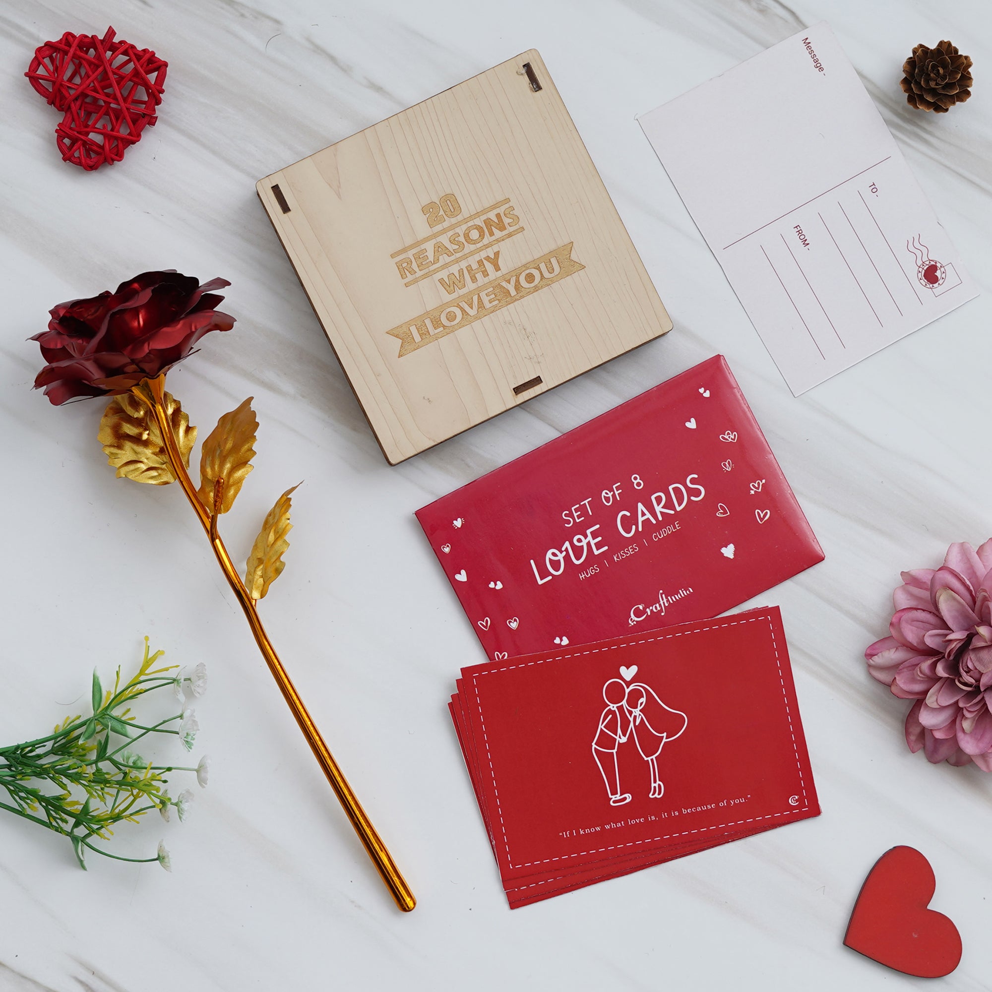 Valentine Combo of Pack of 8 Love Gift Cards, Golden Red Rose Gift Set, "20 Reasons Why I Love You" Printed on Little Hearts Wooden Gift Set