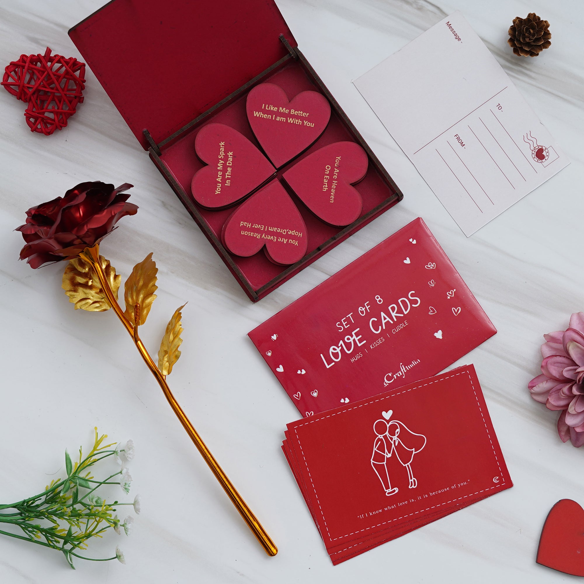 Valentine Combo of Pack of 8 Love Gift Cards, Golden Red Rose Gift Set, "20 Reasons Why I Love You" Printed on Little Red Hearts Decorative Wooden Gift Set Box