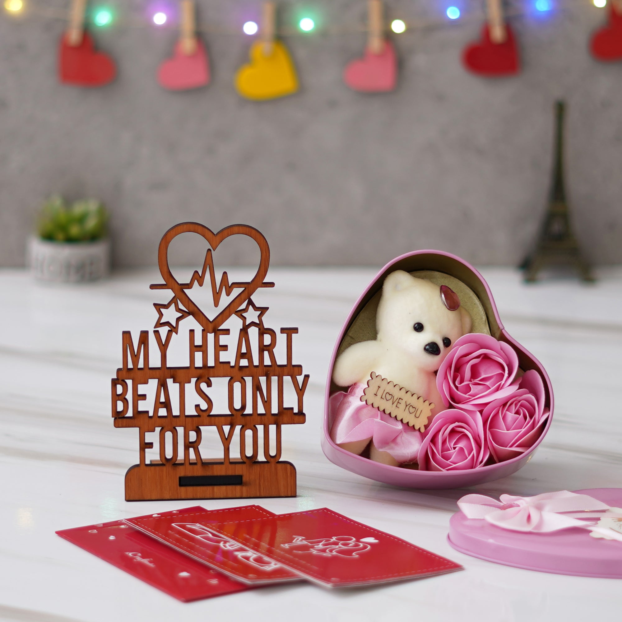 Valentine Combo of Pack of 8 Love Gift Cards, "My Heart Beats Only For You" Wooden Showpiece With Stand, Pink Heart Shaped Gift Box with Teddy and Roses