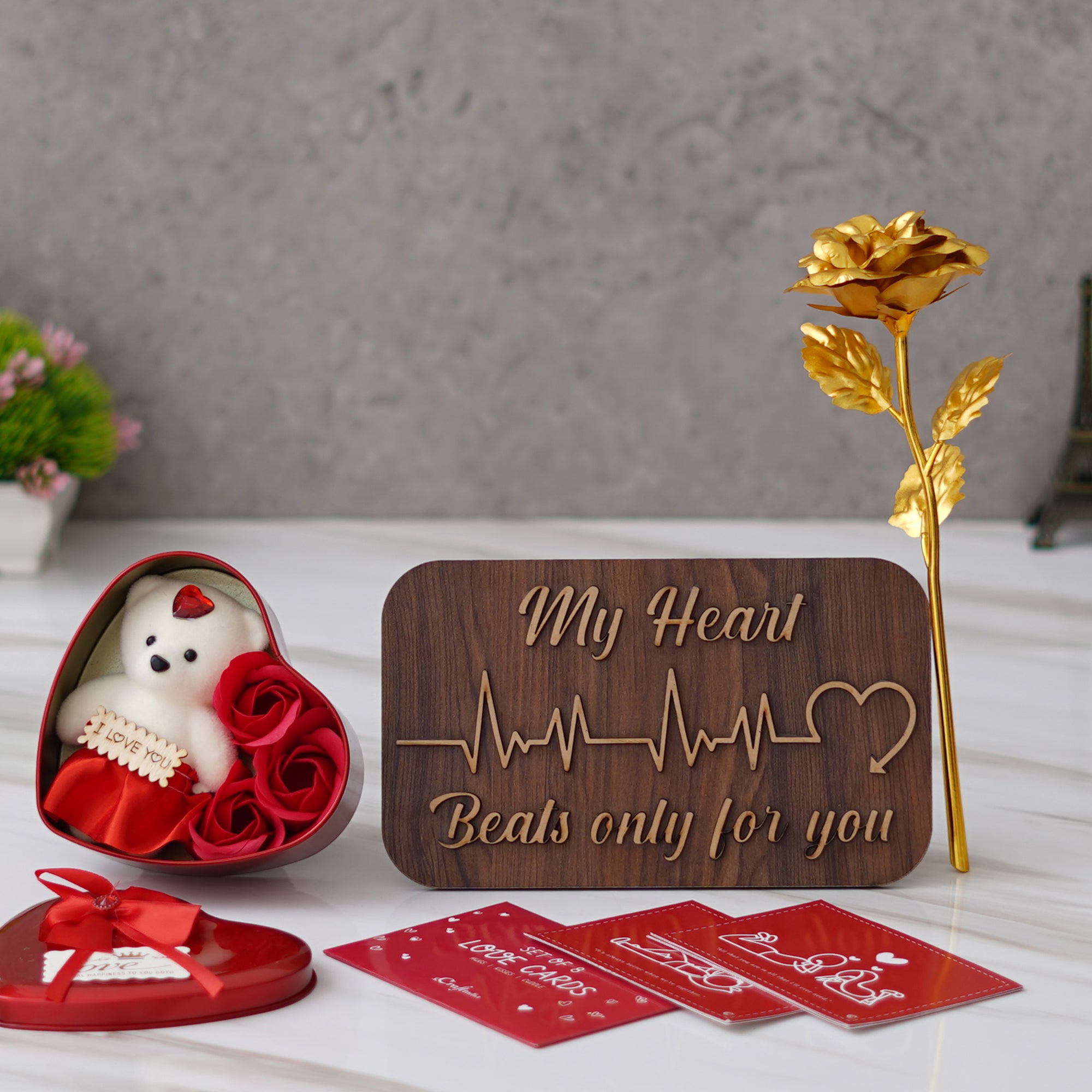 Valentine Combo of Pack of 8 Love Gift Cards, "My Heart Beats Only For You" Wooden Showpiece With Stand, Heart Shaped Gift Box Set with White Teddy and Red Roses