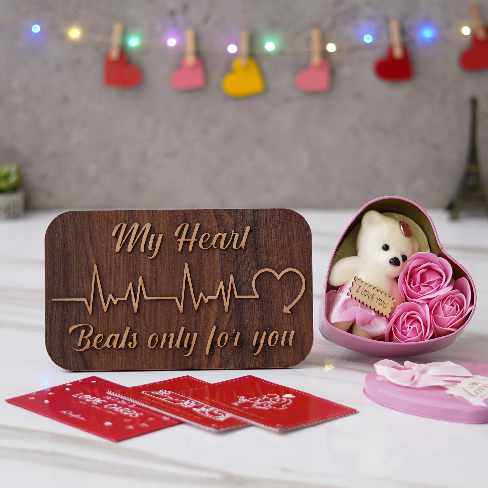 Valentine Combo of Pack of 8 Love Gift Cards, "My Heart Beats Only For You" Wooden Showpiece With Stand, Pink Heart Shaped Gift Box with Teddy and Roses