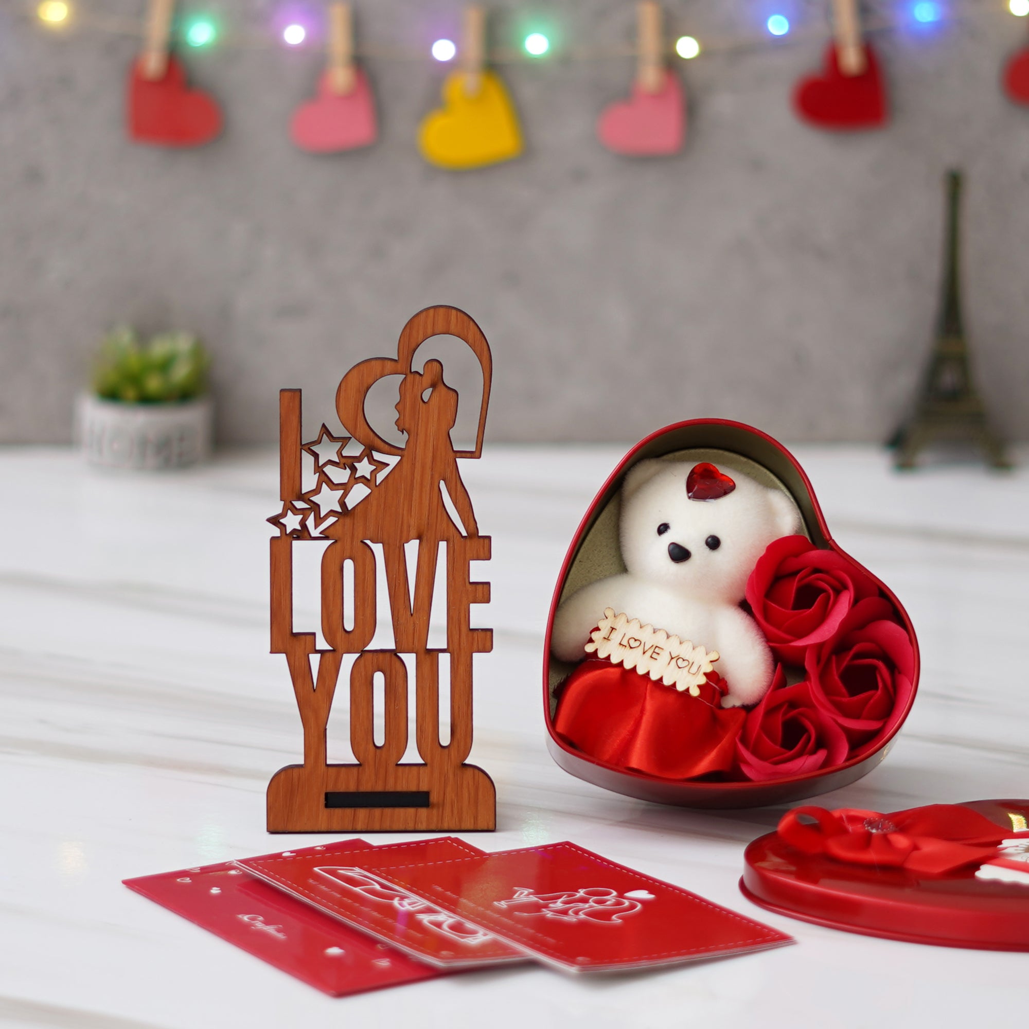 Valentine Combo of Pack of 8 Love Gift Cards, "Love You" Wooden Showpiece With Stand, Heart Shaped Gift Box Set with White Teddy and Red Roses