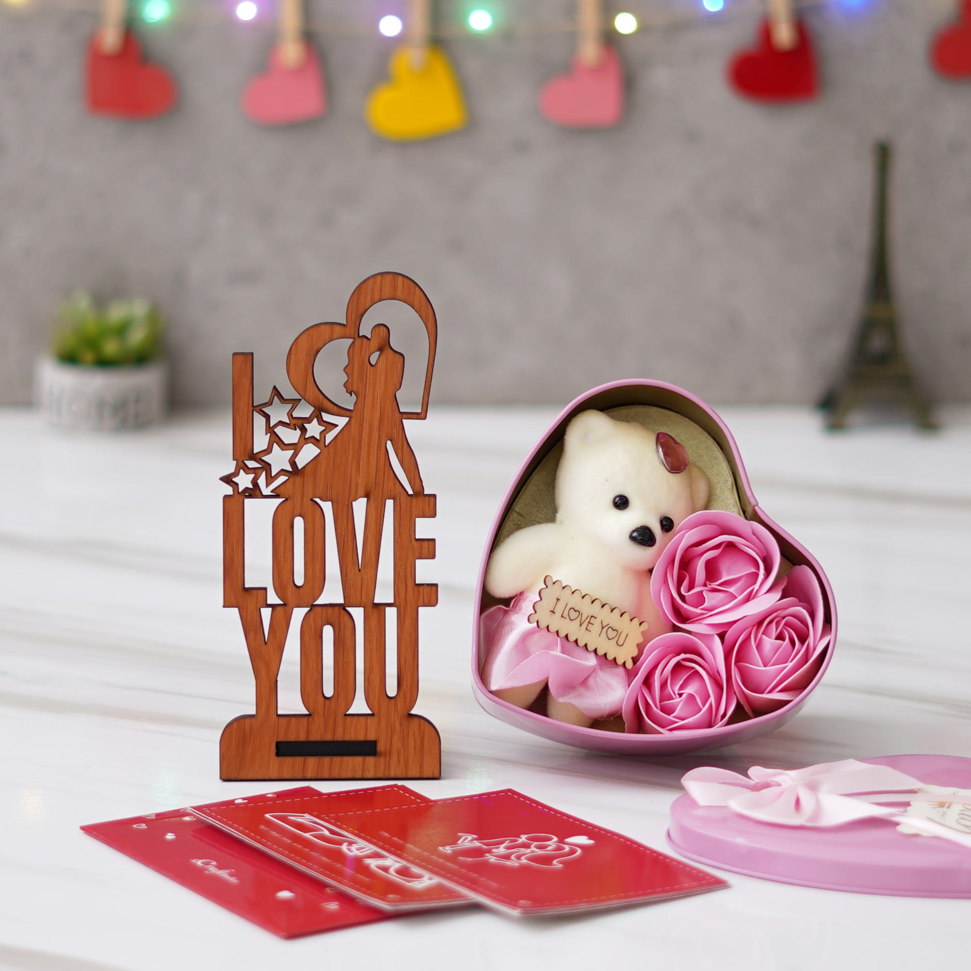 Valentine Combo of Pack of 8 Love Gift Cards, "Love You" Wooden Showpiece With Stand, Pink Heart Shaped Gift Box with Teddy and Roses