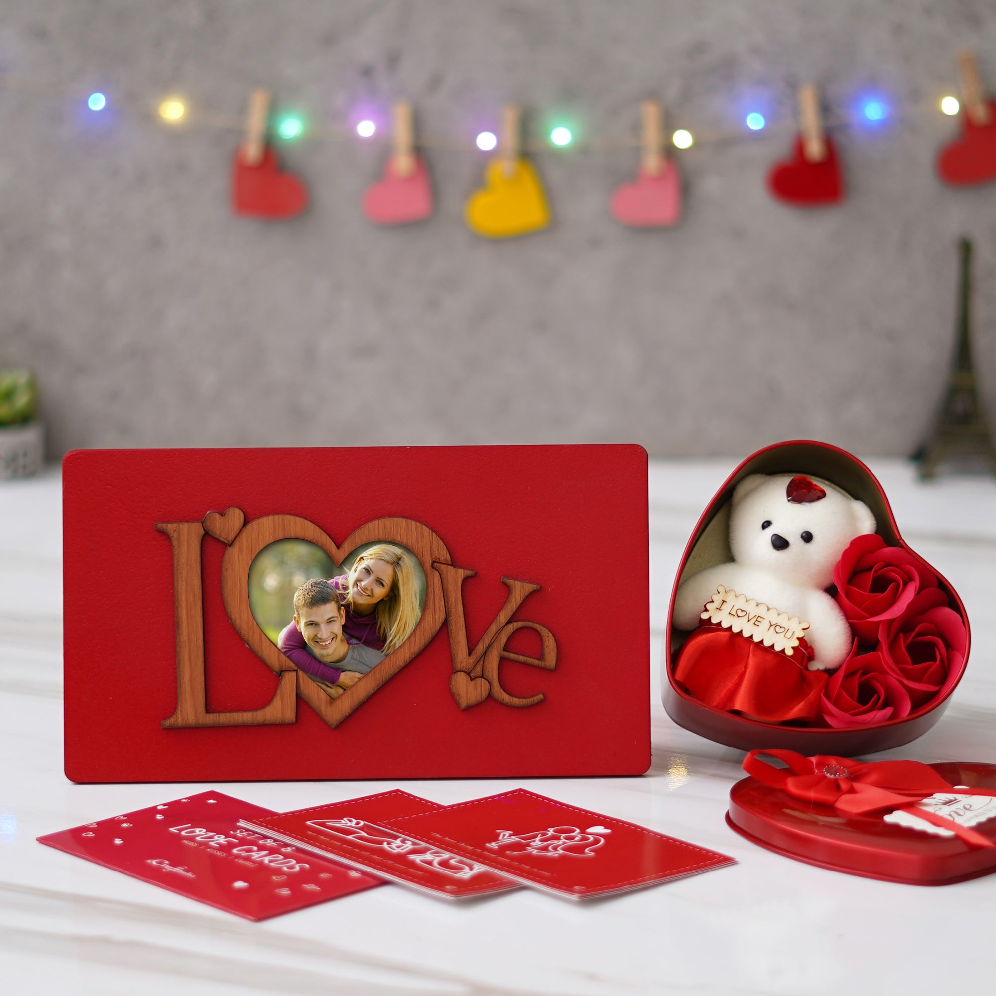 Valentine Combo of Pack of 8 Love Gift Cards, "Love" Wooden Photo Frame With Red Stand, Heart Shaped Gift Box Set with White Teddy and Red Roses