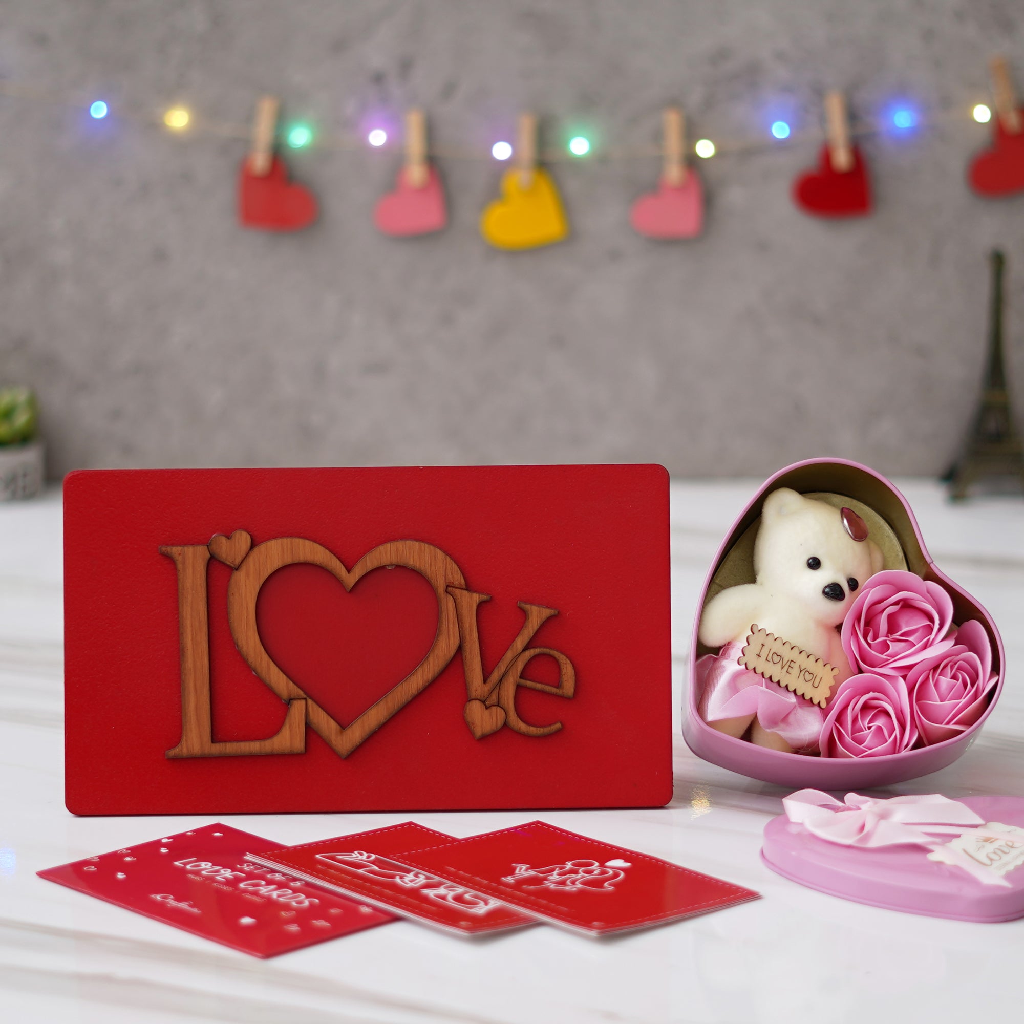 Valentine Combo of Pack of 8 Love Gift Cards, "Love" Wooden Photo Frame With Red Stand, Pink Heart Shaped Gift Box with Teddy and Roses