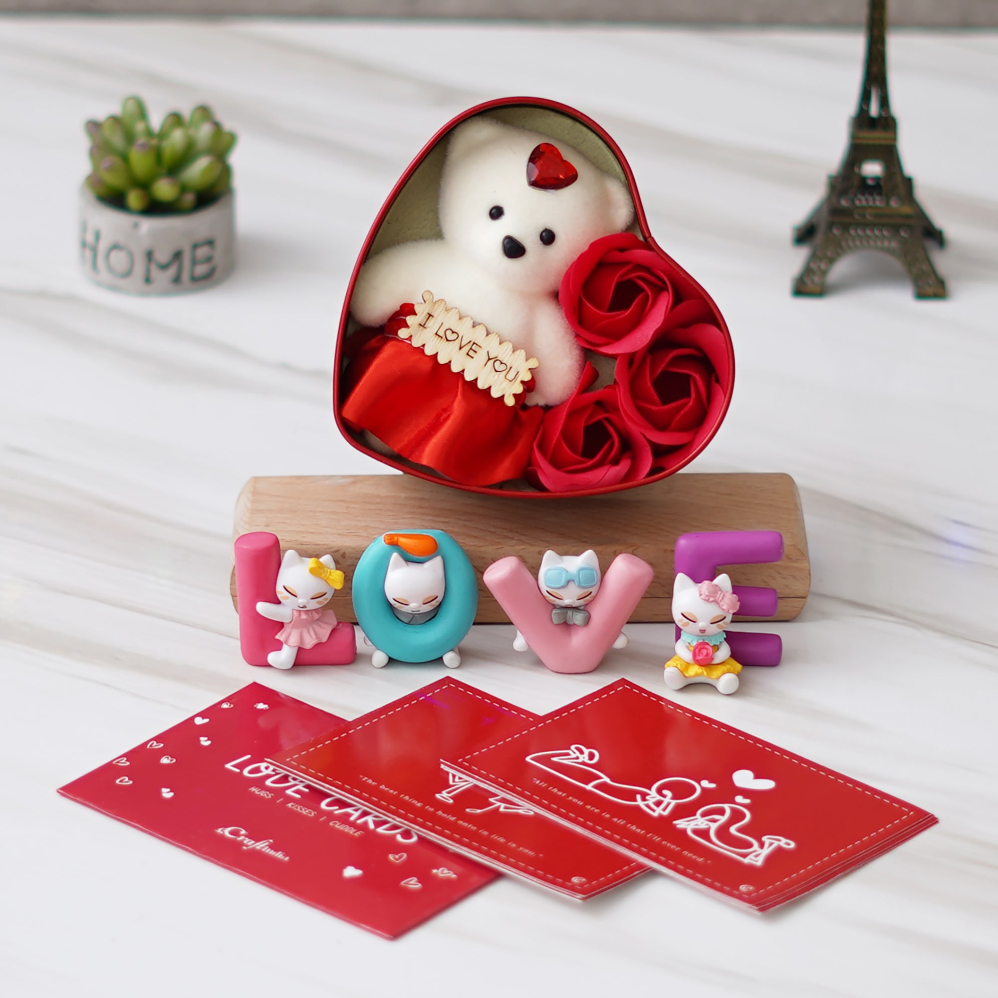 Valentine Combo of Pack of 8 Love Gift Cards, Heart Shaped Gift Box Set with White Teddy and Red Roses, "Love" Animated Characters Showpiece
