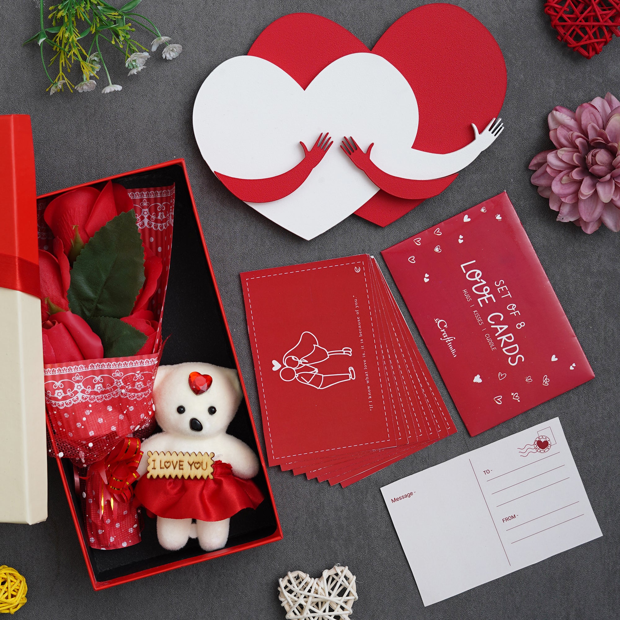Valentine Combo of Pack of 8 Love Gift Cards, Red and White Heart Hugging Each Other Gift Set, Red Roses Bouquet and White, Red Teddy Bear Valentine's Rectangle Shaped Gift Box